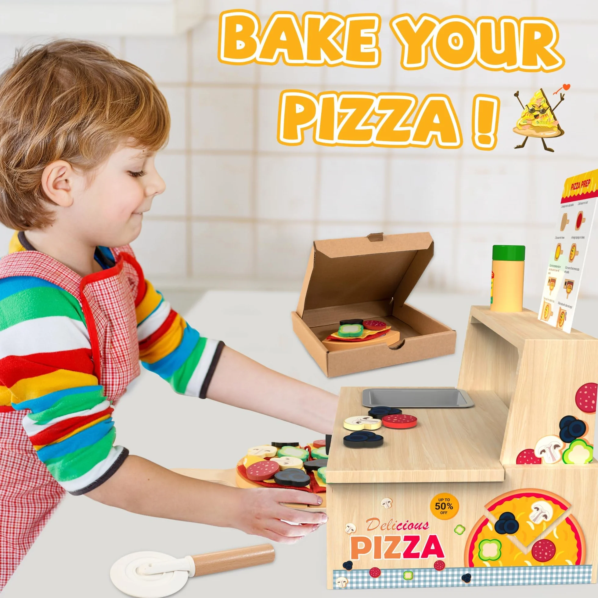 Drewniana zabawka do pizzy 48 szt. Montessori sprawia, że wyglądasz jak granie w jedzenie dla dzieci od 3 lat i edukacyjna zabawka edukacyjna z piekarnikiem do pieczenia prezent urodzinowy na Boże
