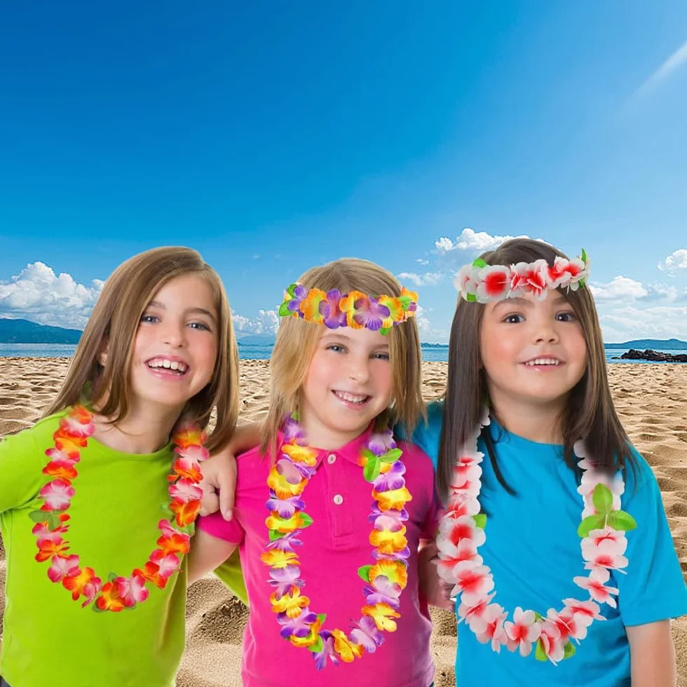Hawajskie łańcuchy z kwiatami, 32 sztuki, dekoracja na imprezę, hawajskie okazje, na tropikalną imprezę hawajską, plażę, imprezę, hawajski bar, urlop na plaży