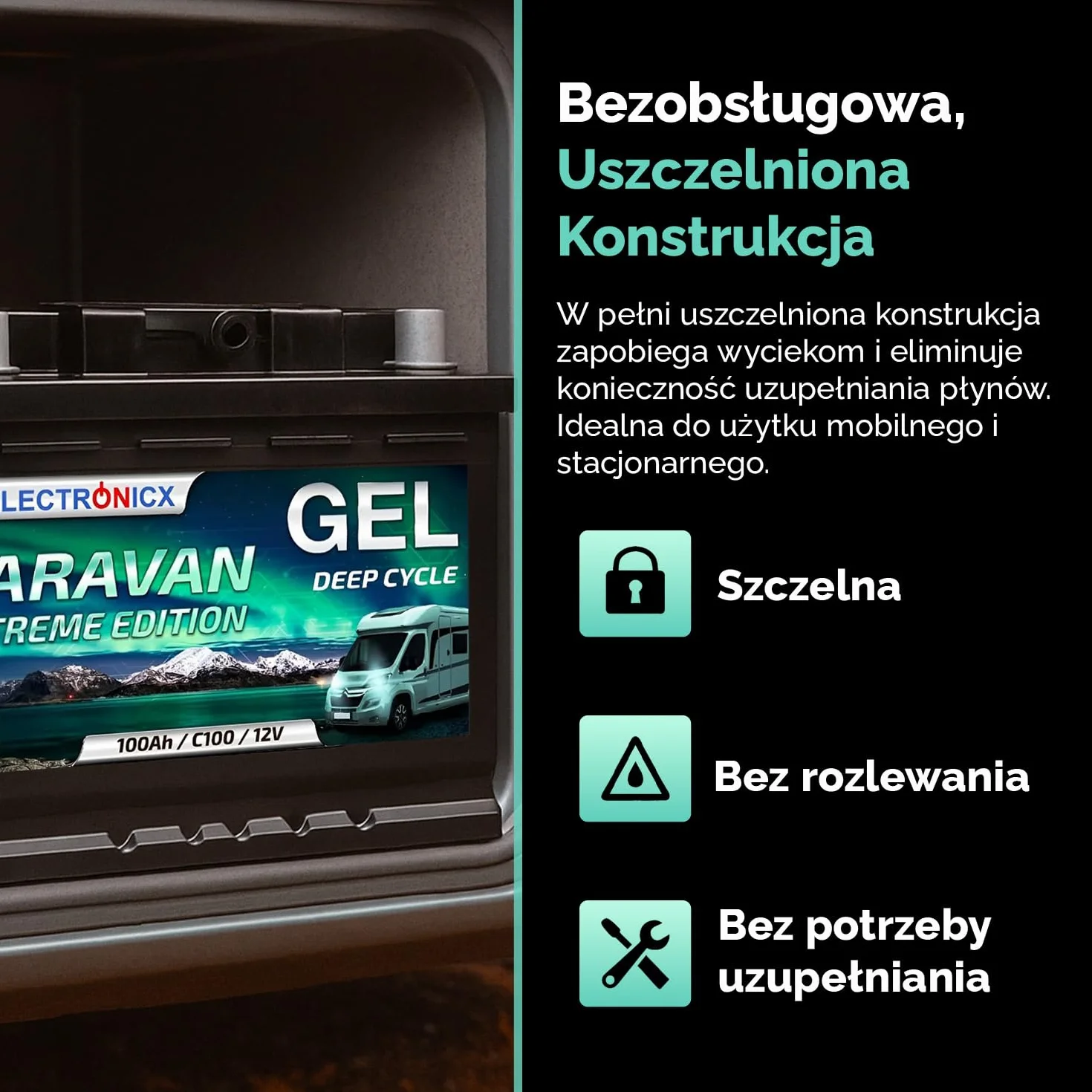 Electronicx CARAVAN EXTREME EDITION 100Ah / C100 / 12V – Żelowy akumulator zasilający – 100Ah – 12V – do kampera, vana, łodzi, systemów PV – bezobsługowy i wytrzymały – 278×175×190 mm