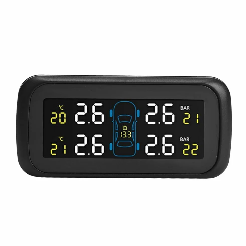 System monitorowania ciśnienia w oponach, samochodowy czujnik ciśnienia w oponach TPMS z monitorem LCD, 4 czujniki wewnętrzne, ładowarka USB do zapalniczki