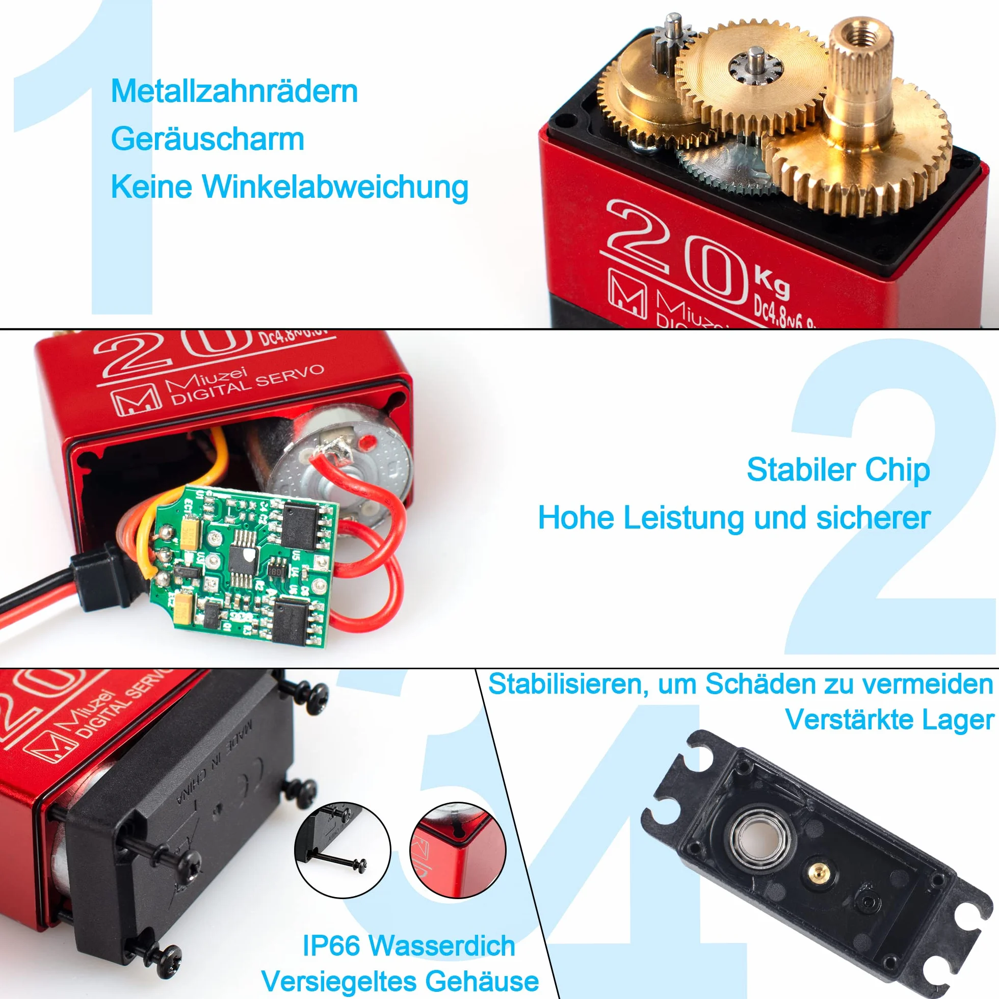 Miuzei Serwo sterujące Rc Digital Servo 20 kg, 270°, wodoszczelne, z metalową przekładnią, do samochodu, 1/10, 1/8, 1/12, modeli zabawek, samolotów, robotów, łopatek tary, samochodu, łodzi (3 sztuki)