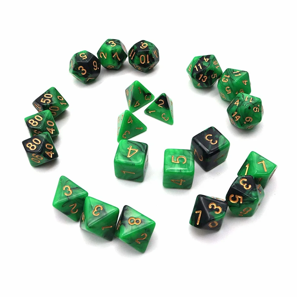 DollaTek Zestaw ko?ci wielo?ciennych, gry sto?owe, 3 zestawy ko?ci 3 x 7 (21 sztuk), seria matryc, D20, D12, D10, D8, D6, D4, DND, DND, RPG, MTG, podwójne kolory, jednocz??ciowe (czarno-zielone)
