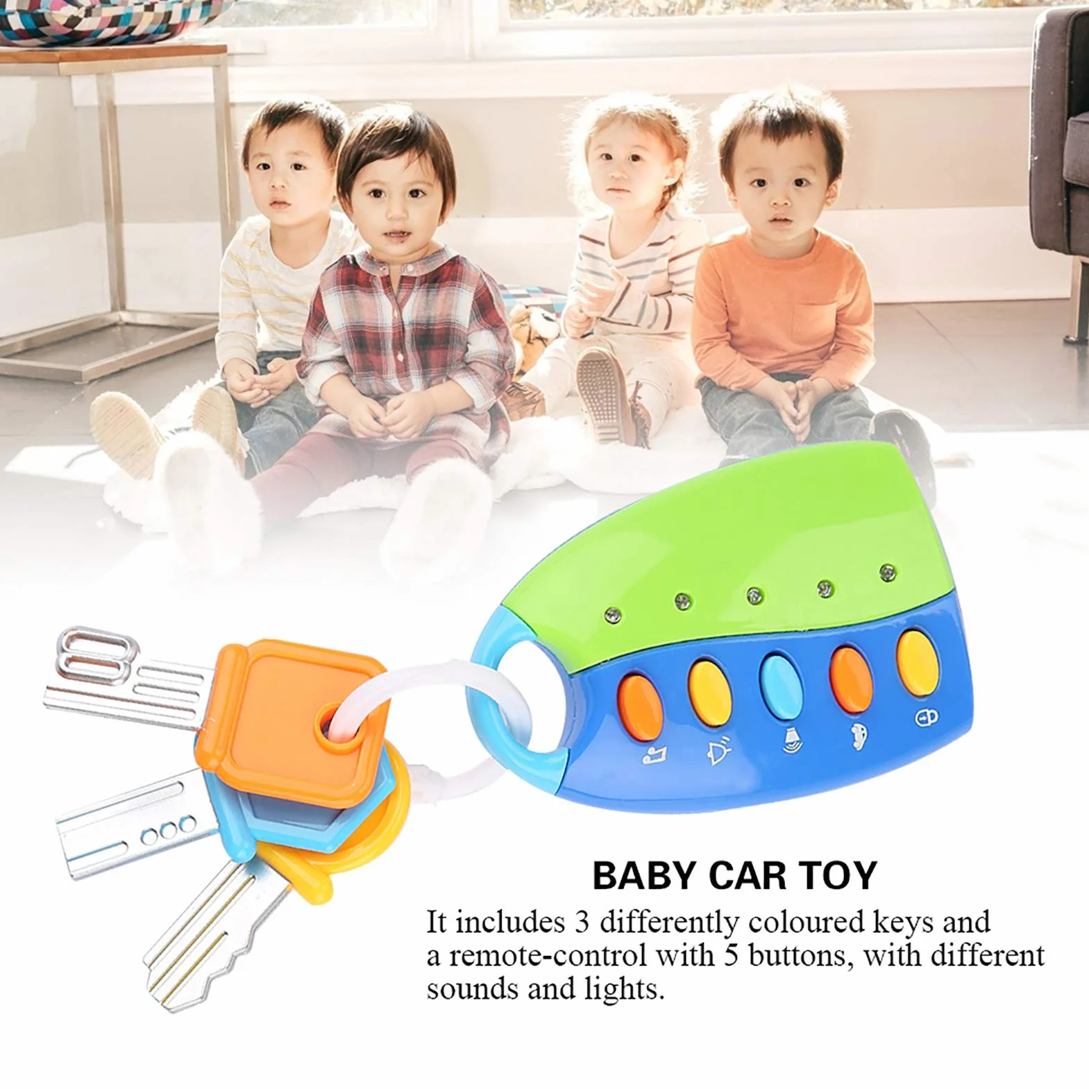 lyrlody Baby Toy, Zdalnie Sterowane Auto z 3 Kolorowymi Kluczami i 5 Przyciskami, Efekty Dźwiękowe i Migające Światła, z Funkcją Muzyczną, dla Dzieci Wczesnej Nauki (BLUE)