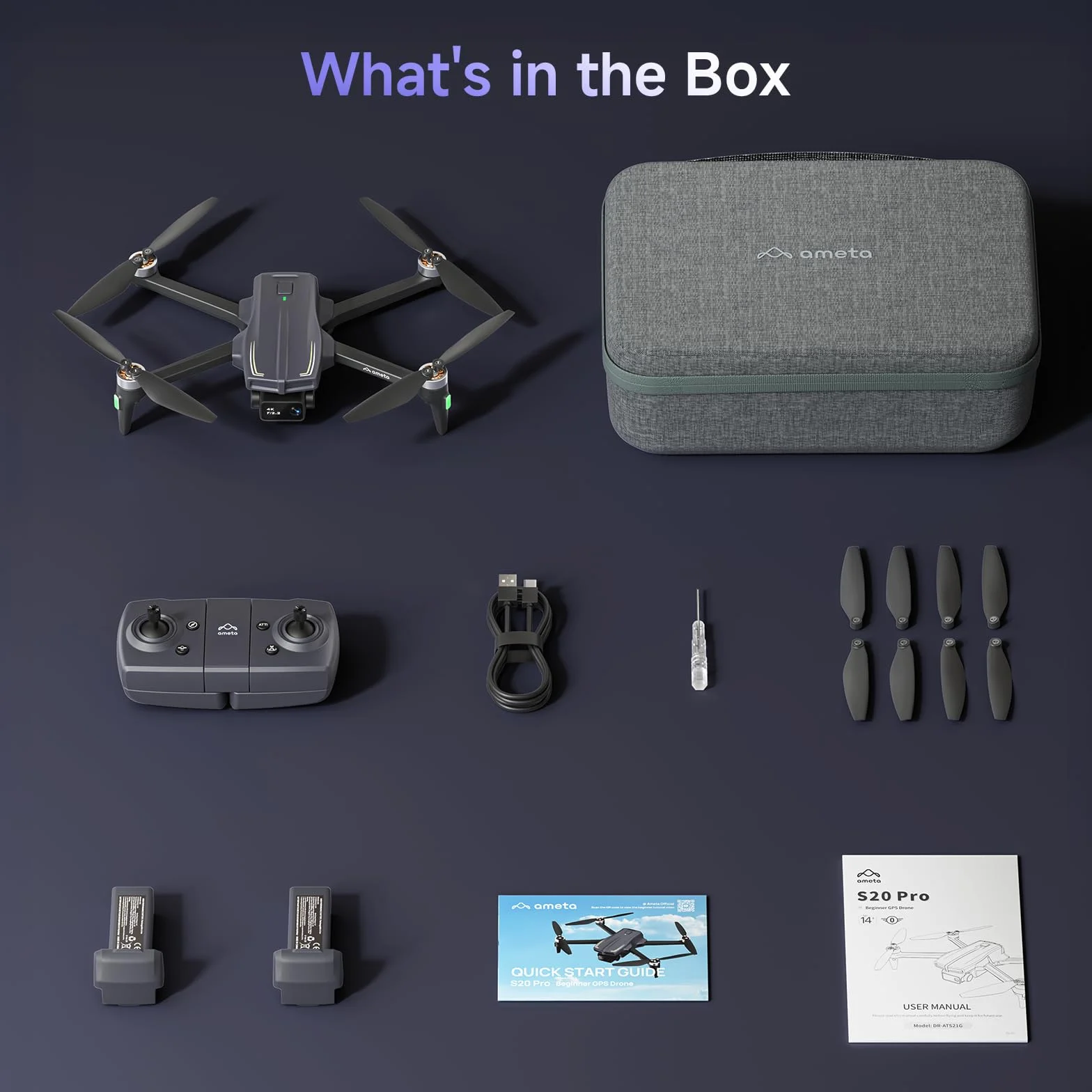 Ameta Dron z Kamerą 4K Profesjonalną, S20 Pro Drone GPS dla Dzieci i Dorosłych z Automatycznym Powrotem, 50 Minutami, Funkcją śledzenia, Sterowaniem Gestami, Drony FPV Ważące Mniej niż 249g