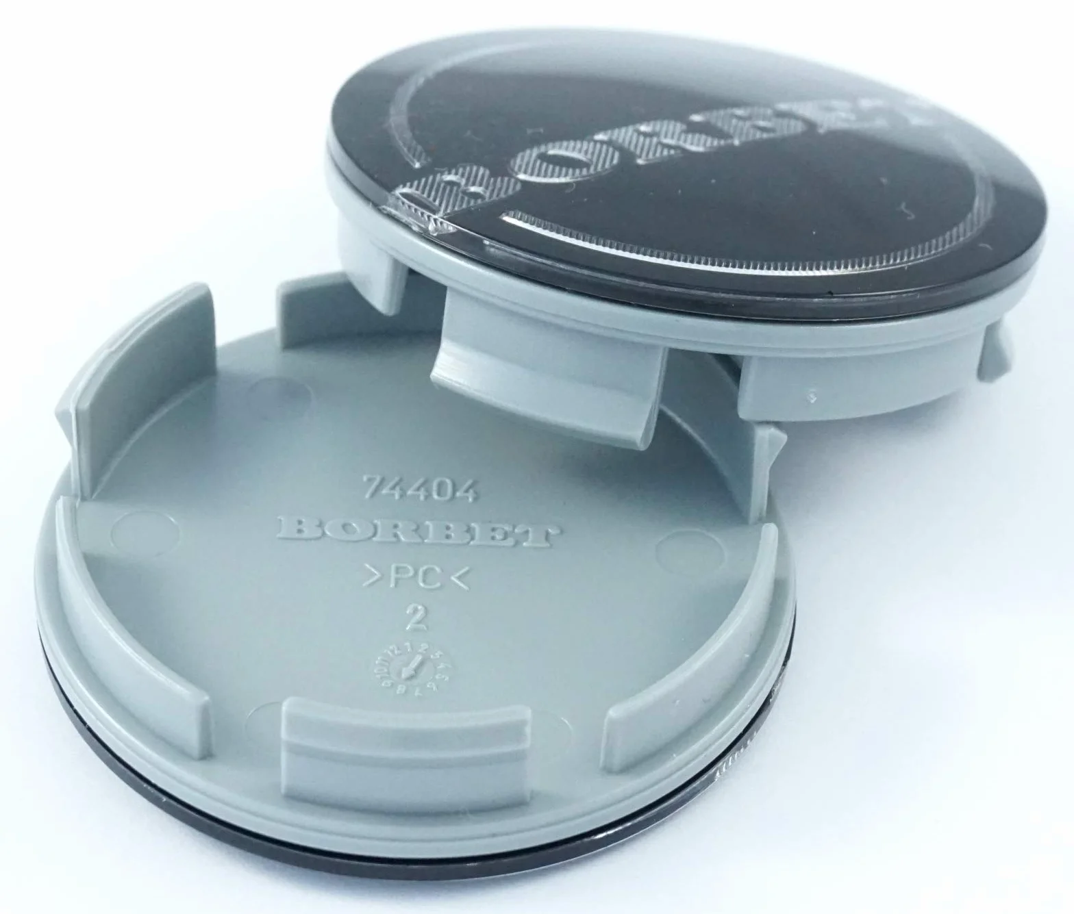 4 x oryginalny dekiel do piasty Borbet, zaślepka do felg, nasadka, kolor czarny, błyszczący, srebrny, 55 mm - 56 mm, 74404