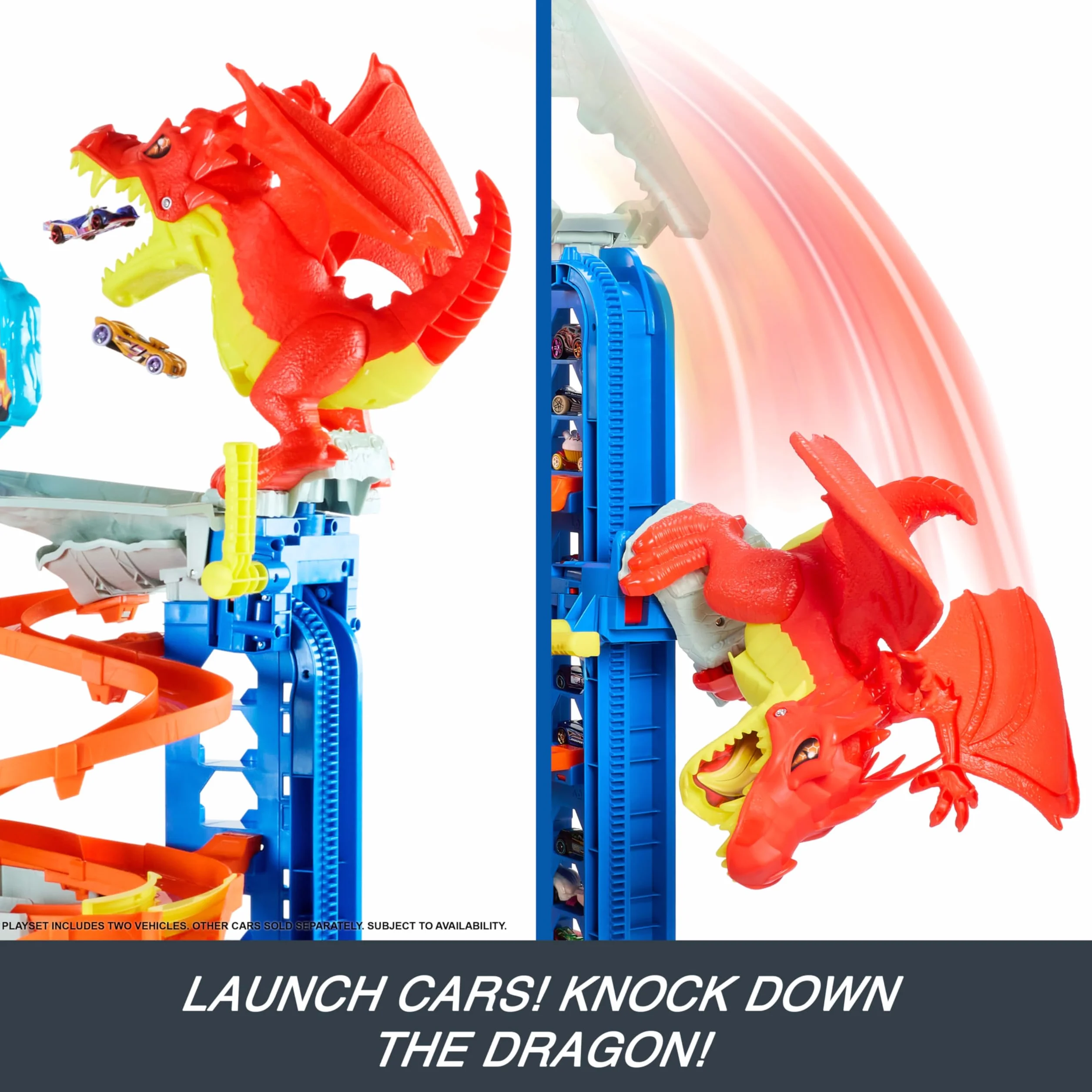 Hot Wheels City Mega Let's Race – Na start! - Netflix - Garaż Atak smoka Zestaw z 2 metalowymi samochodzikami, miejscem do przechowywania ponad 50 pojazdów w skali 1:64, HKX48
