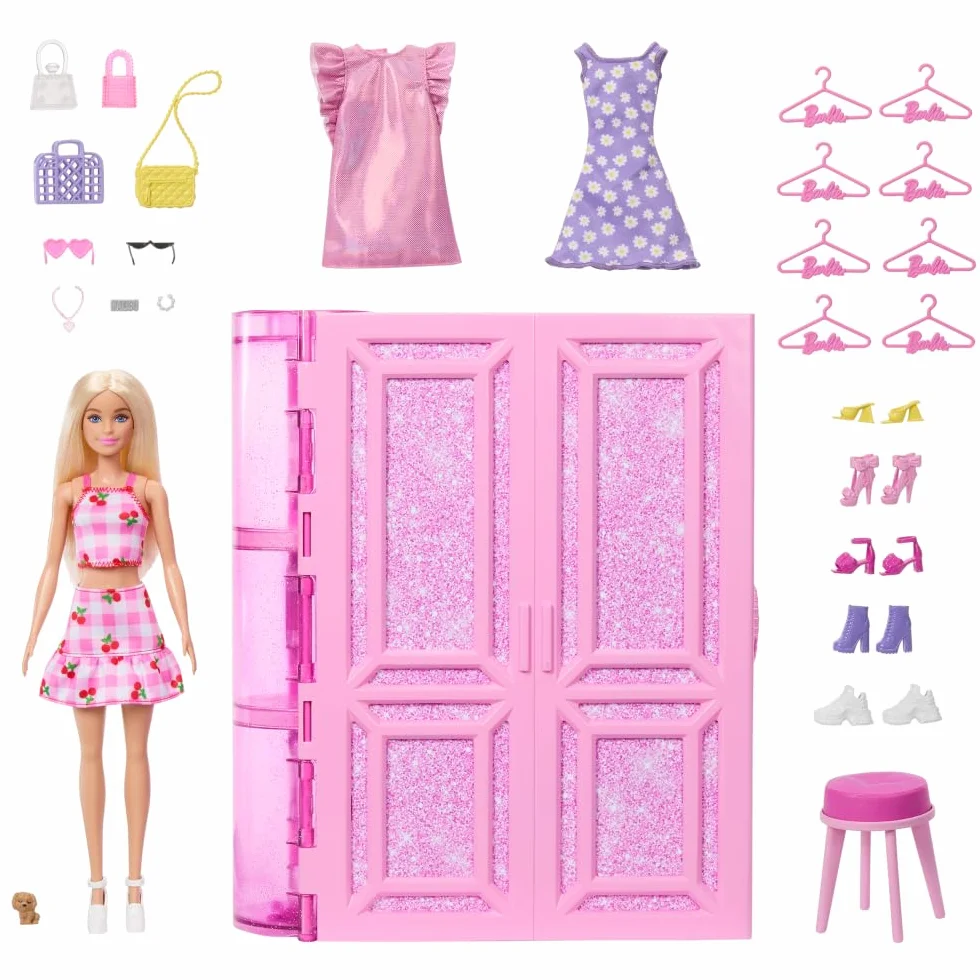 Barbie Szafa Marzeń Zestaw do zabawy z lalką blondynką, szafą (ponad 90 cm szerokości), ubranka dla lalki i akcesoria; 25 elementów, 3 pełne stylizacje Zestaw garderoba, HXD58