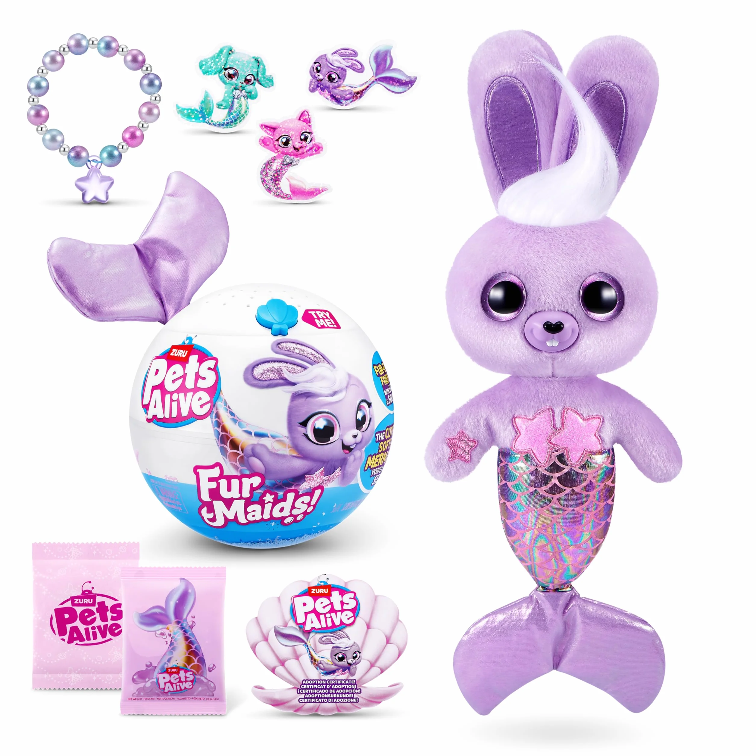 Pets Alive Furmaids by ZURU Mermaid Plush Interactive Lights Sounds Girls Toy (Purple Bunny)