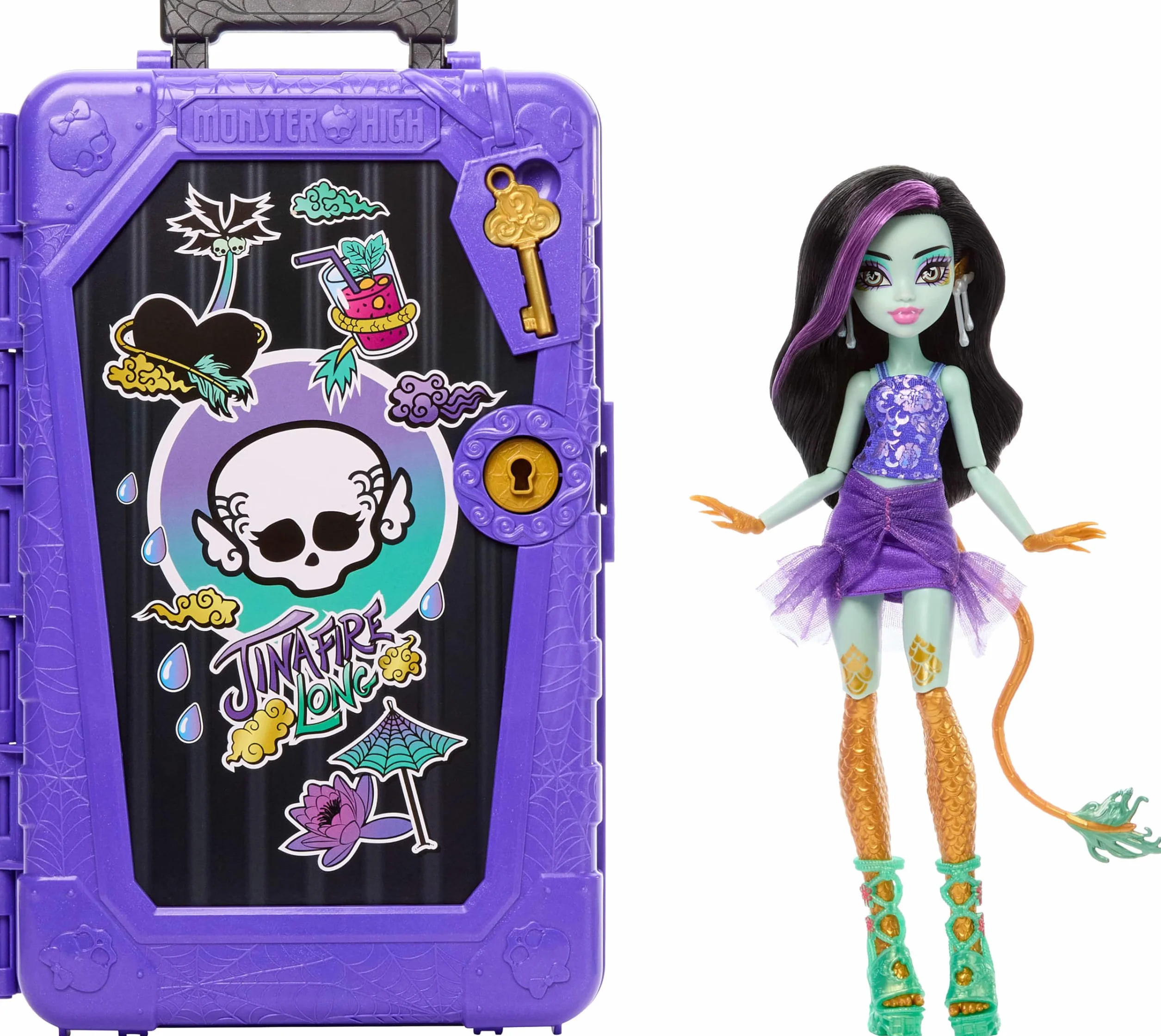 Monster High Straszysekrety Seria 7 Upiorystyczne wakacje Jinafire Long Zestaw: lalka, walizka i akcesoria-niespodzianki, w tym ubranka dla lalki, zabawka dla dzieci 4+, JDR52