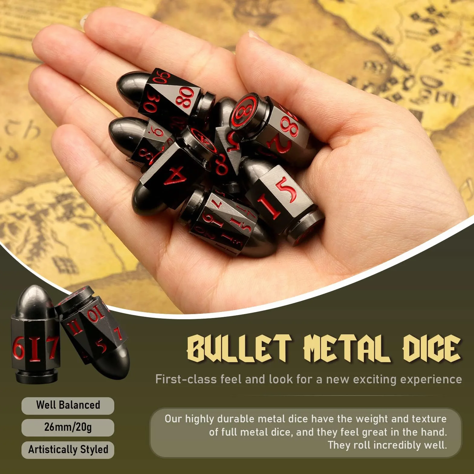 Zestaw kości DND Dungeons and Dragons, ZHOORQI Bullet Metal Dice, wielościenne kości do gier RPG D&D(7Bullet - Black Red)
