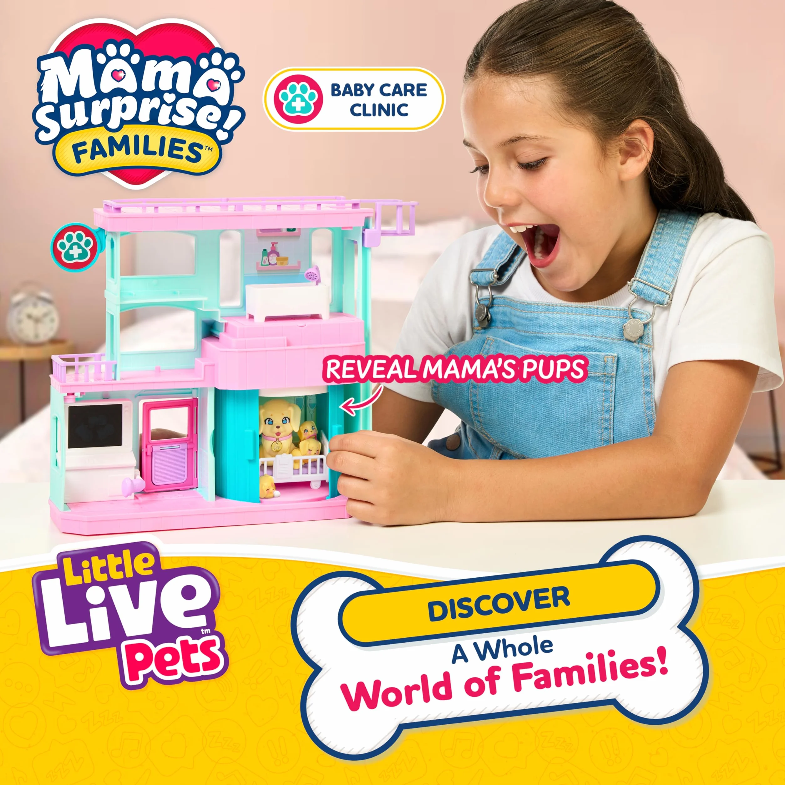 Little Live Pets Mama Surprise Families zestaw do zabawy dla niemowląt, 3 szczenięta retrievera, magiczny, dwustronny zestaw do zabawy (szerokość 27,8 cm, wysokość 23,8 cm) do karmienia, kąpieli i