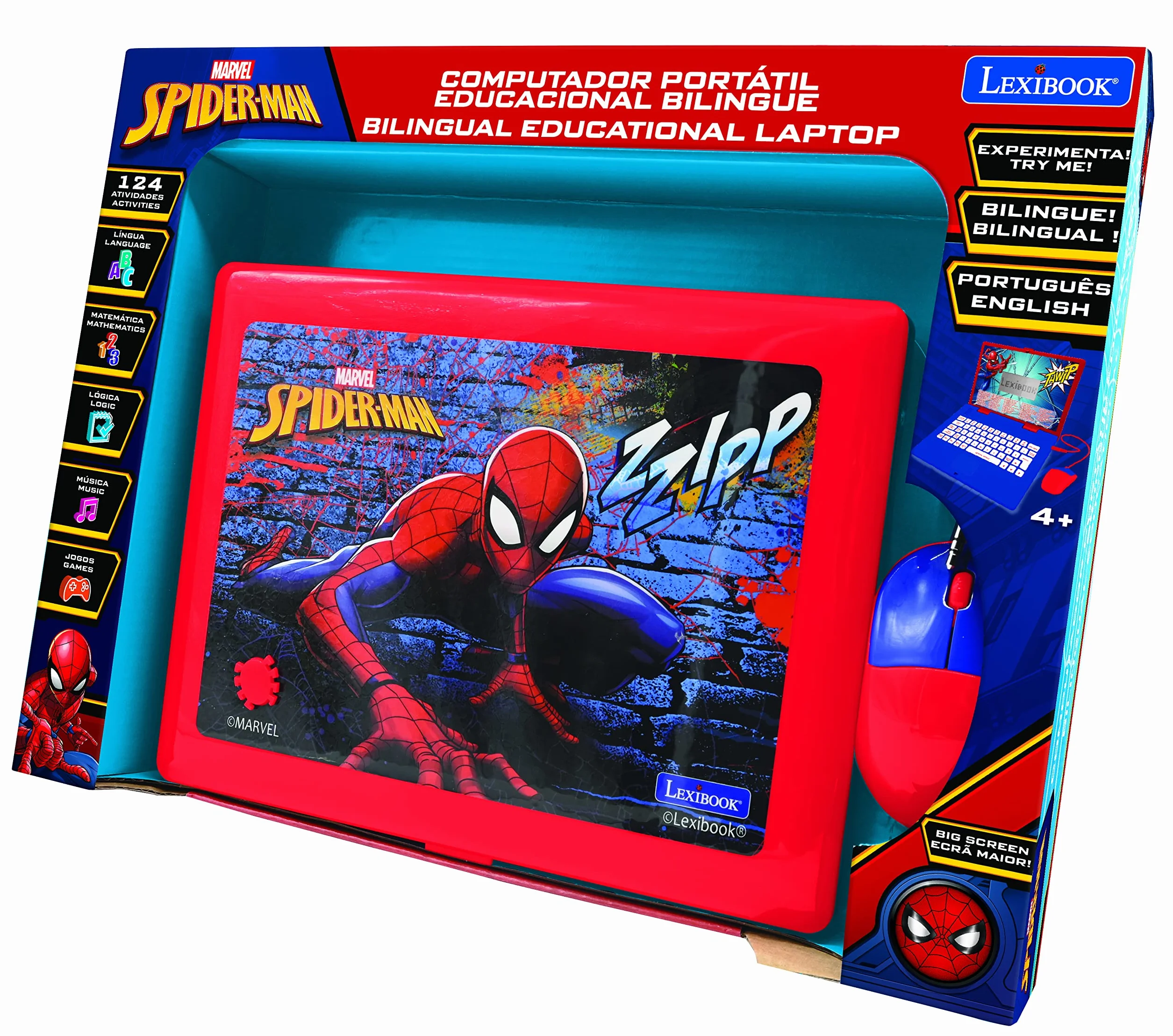 Lexibook, Spider-Man, Portugalski, Angielski Laptop Edukacyjny i Dwujęzyczny, Zabawka z 124 Zajęciami do Nauki, Zabawy i Muzyki, Niebieski, Czerwony, JC598SPi4