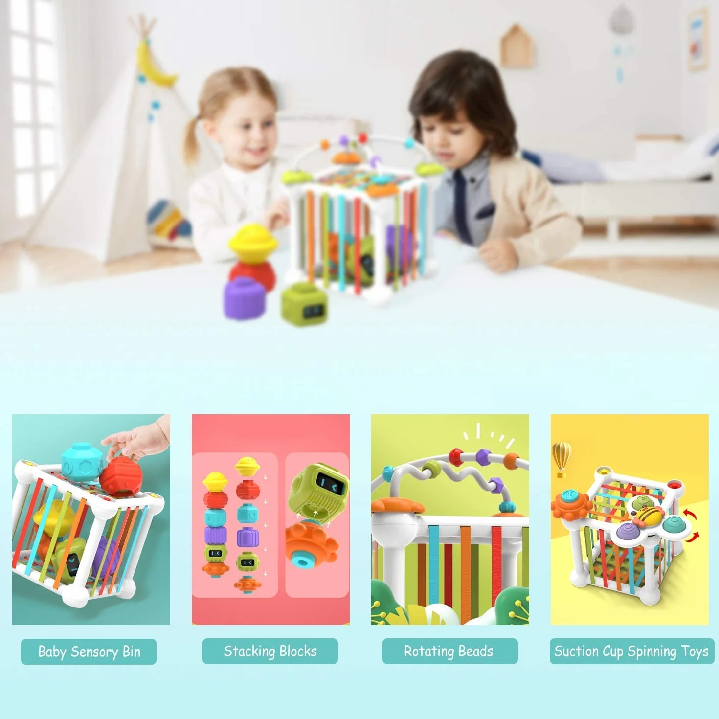 Montessori zabawka dla chłopców i dziewczynek, sensoryczna zabawka dla małych dzieci, kolorowa kostka, 3 zabawki z przyssawką i labirynt z koralikami, zabawka edukacyjna dla maluchów w wieku 1-3 lat (12 szt.)
