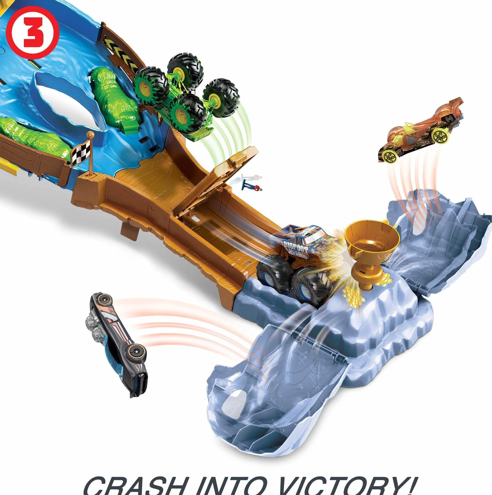 Hot Wheels Monster Trucks Tor wyścigowy Turniej Tytanów Zestaw z pojazdami Bigfoot i Gunkster do rywalizacji, zabawka dla dzieci od 4 roku życia, HJG32