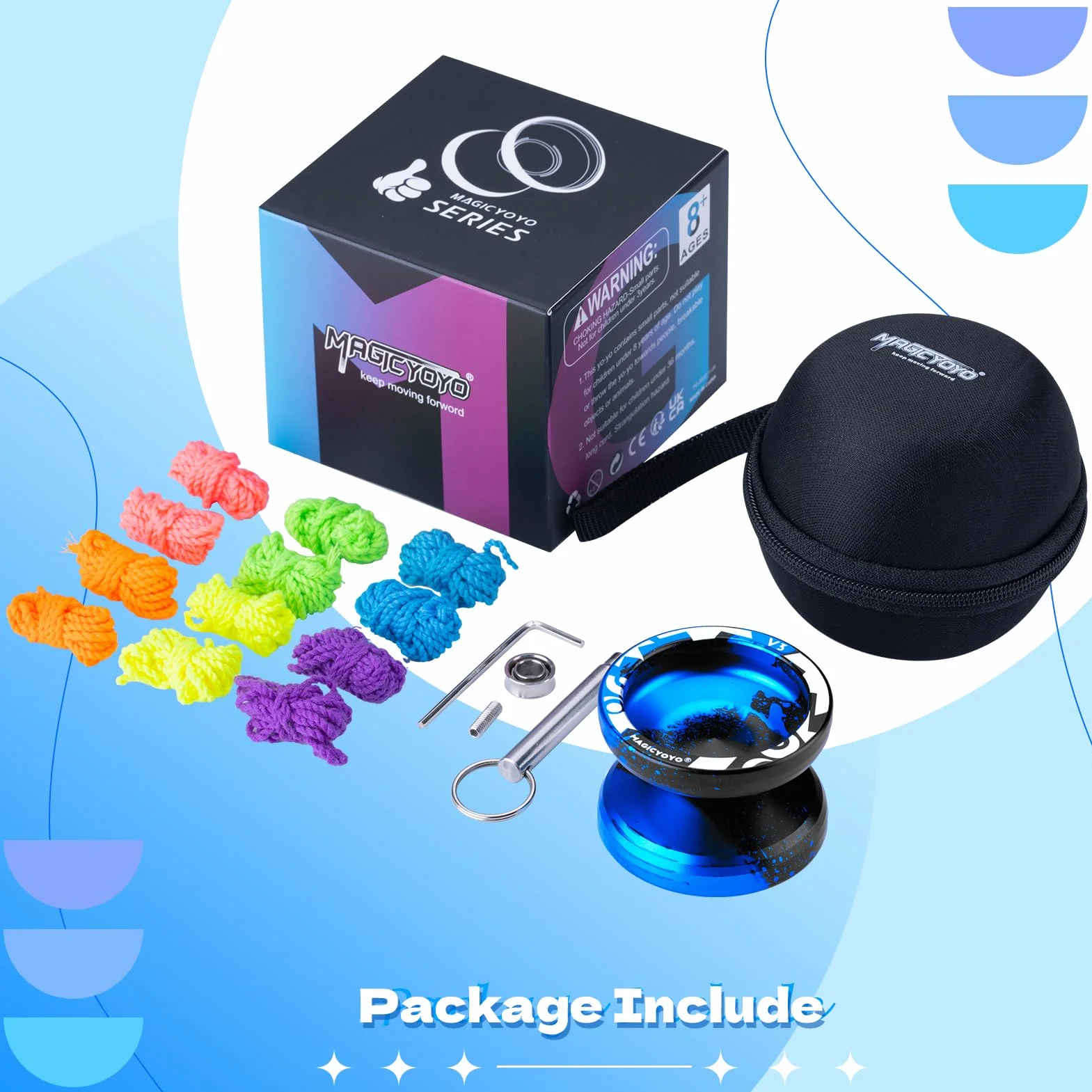 MAGICYOYO Profesjonalne JoJo V3 Responsywne dla Dzieci, Dual Purpose z Niereagującym Trybem, Metalowe z Zestawem Łożysk, 12 Sznurków + Torba (Czarno-Niebieska)