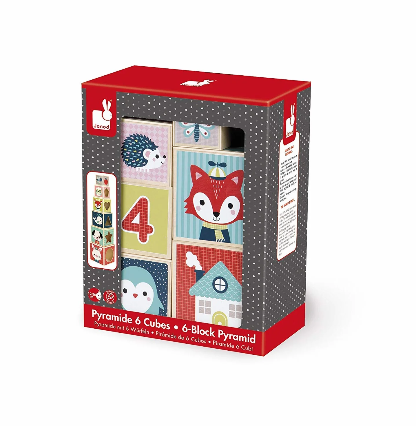 Janod - Baby Forest 6-Cube Wooden Pyramid - Early Learning Toy - Stacking and Building Toy - Fine Motor Skills and Manipulation - from 1 Year Old, J08016