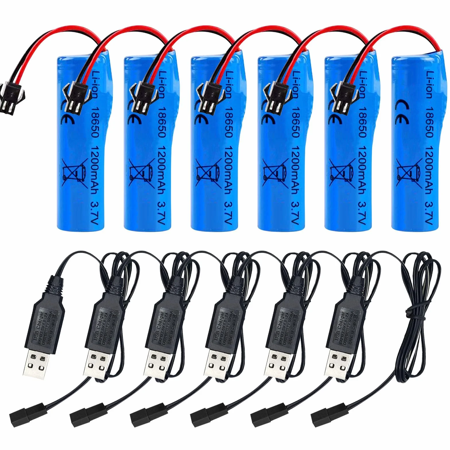 Vegena Zestaw 6 3,7 v 1200 mah Bateria litowa z USB SM-2P RC Ładowarka samochodowa RC High Speed do modeli samochodów, zestaw baterii o wysokiej wydajności RC