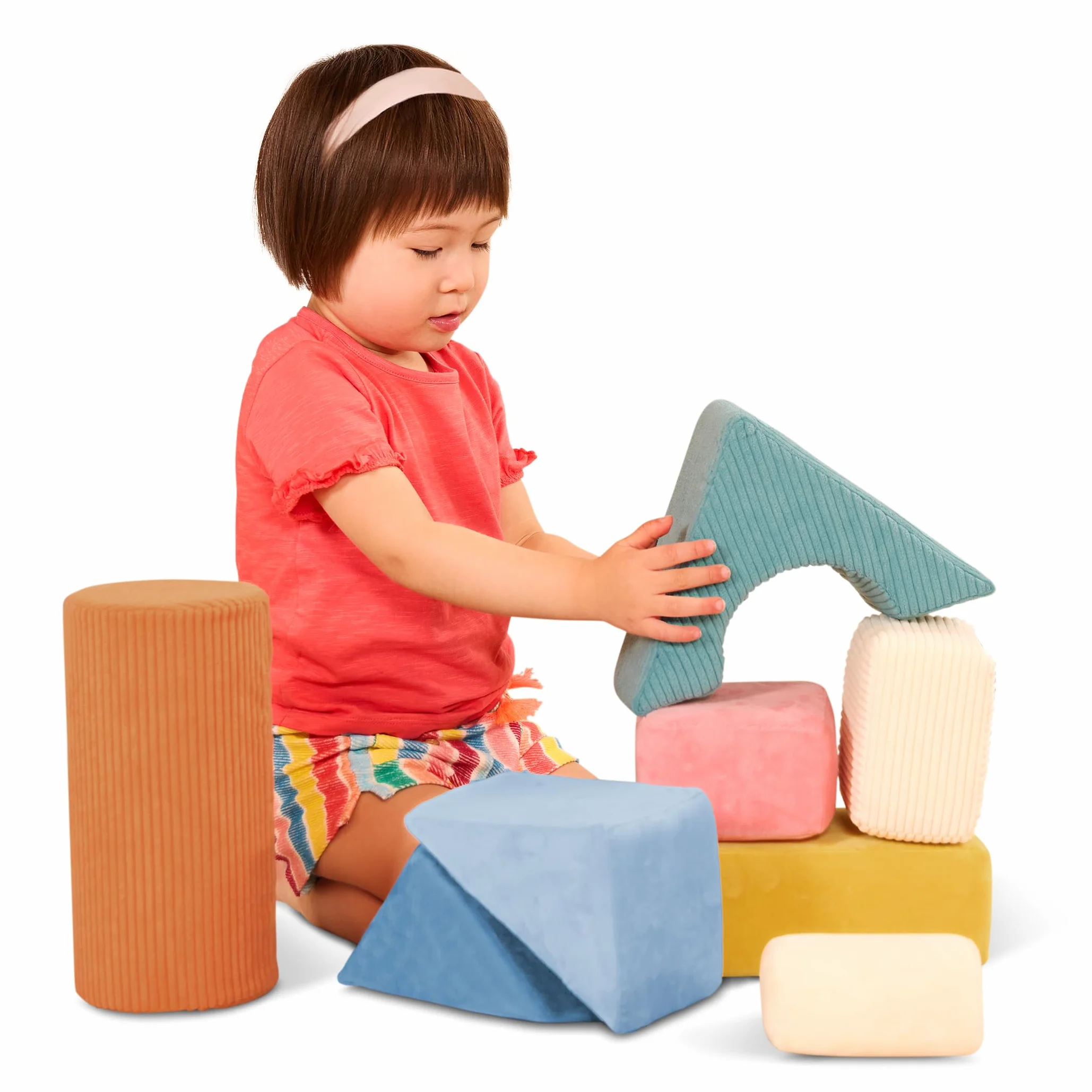 B. Toys sensoryczne klocki konstrukcyjne dla dzieci, 8 sztuk, teksturowane klocki dla dzieci w wieku 6-12 miesięcy, miękkie geometryczne kształty z pokrowcem z tkaniny dotykowej, piankowe klocki