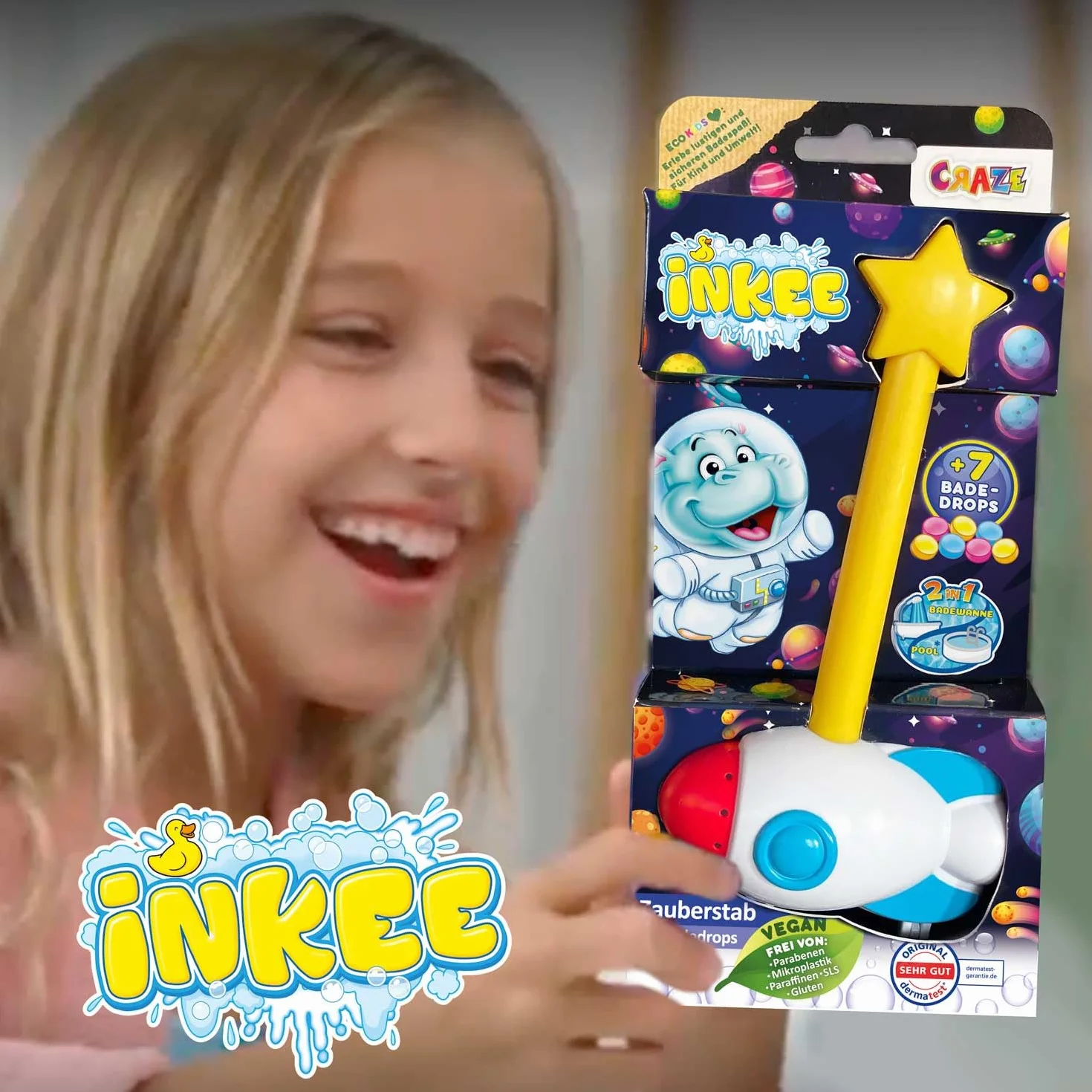 INKEE Wand Rocket - magiczna różdżka z bombami kąpielowymi dla dzieci, kule kąpielowe w 7 kolorach do kąpieli, zapach truskawkowy