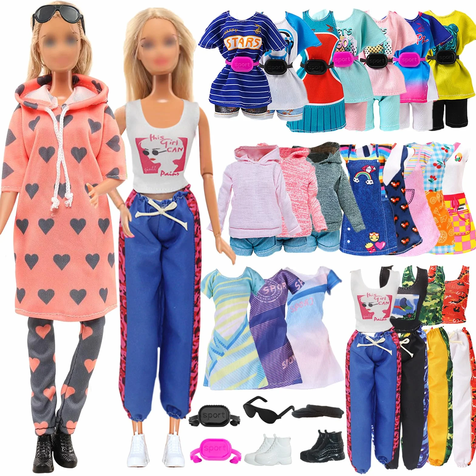 Ubrania i akcesoria dla lalek, 11,5 cala/30 cm, sportowy styl losowy 1 bluza z kapturem 3 odzież sportowa 1 kamizelka 3 spodnie 1 czapka baseballowa 2 trampki 4 sukienki 1 okulary przeciwsłoneczne 2