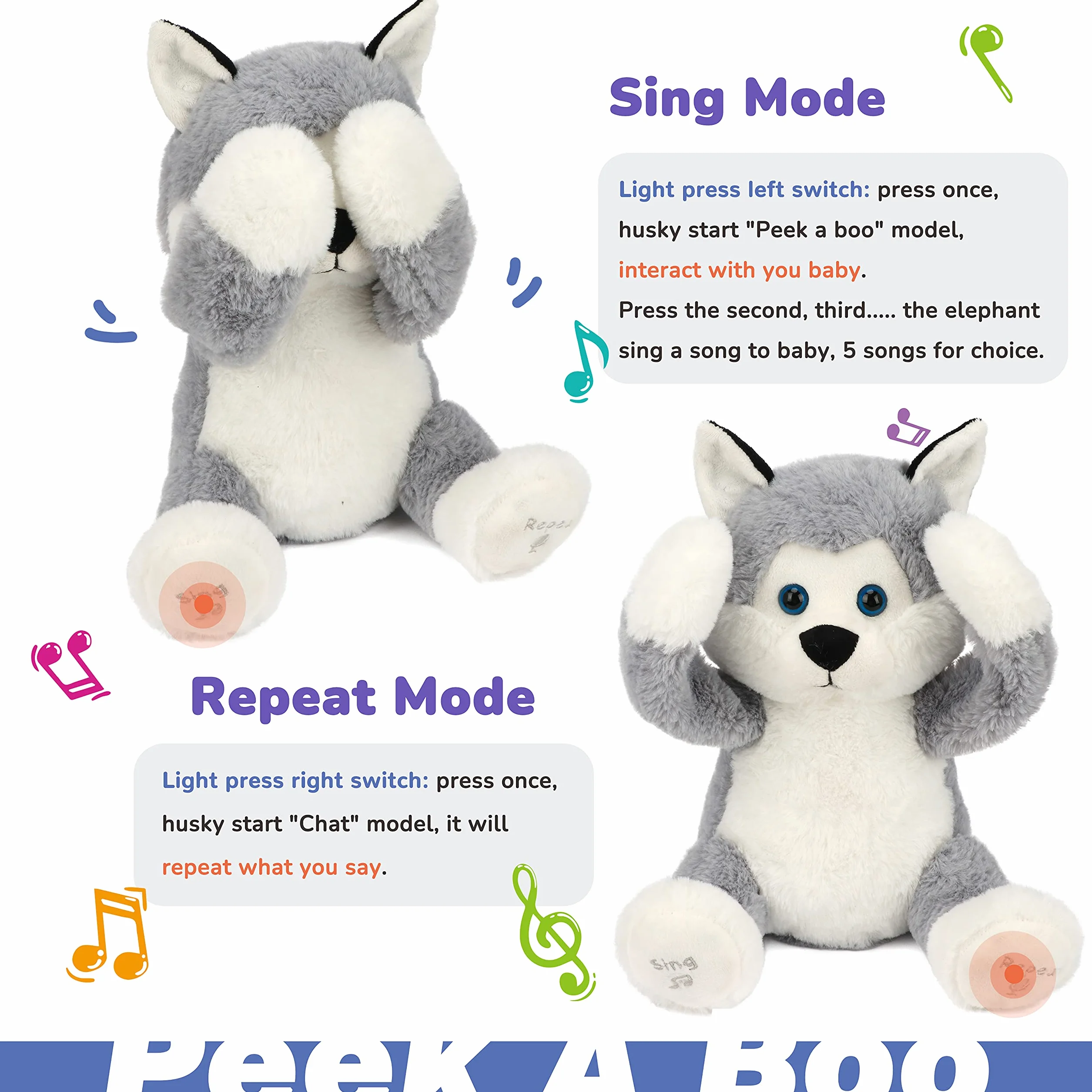 Hopearl Peek A Boo Husky Interaktywna Zabawka Dla Psów, Która Powtarza To, Co Mówisz Pluszowa Zabawka Dla Psów Muzyczna Śpiewająca Gadająca Urocza Elektryczna Animowana Zabawka Urodzinowa, Szara, 29cm
