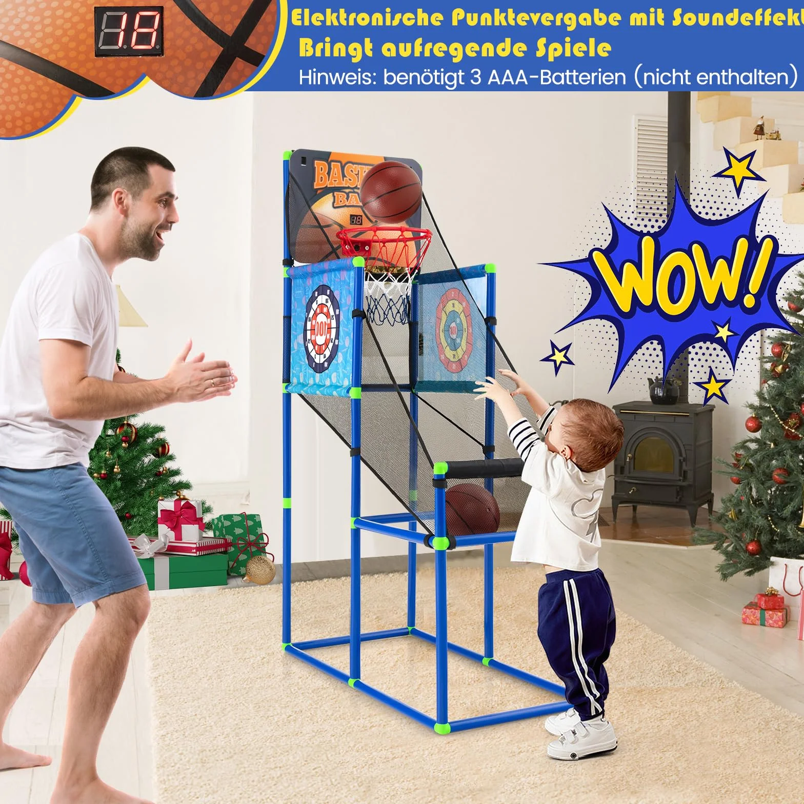 COSTWAY Arcade zestaw do gry w koszykówkę, stojak do koszykówki z tablicą wyników i efektem dźwiękowym, w zestawie 2 piłki do koszykówki, 1 pompka, 2 tarcze celujące, 8 piłek na rzepy, automat do