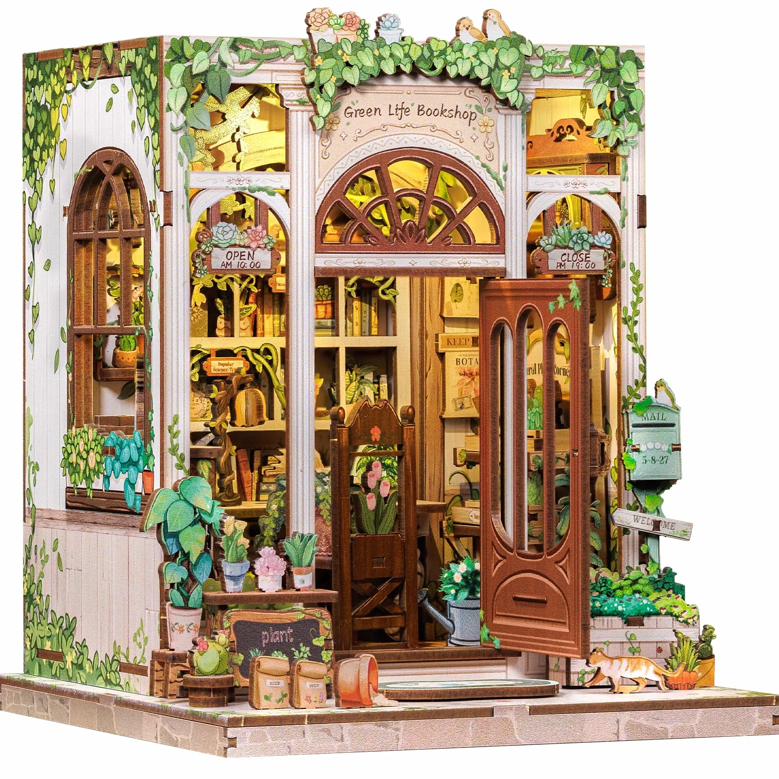 CUTEBEE Book Nook Kit-DIY Domek dla Lalek,Miniaturowy Dom z Zielonymi Roślinami i Oświetleniem LED,Deko na Półkę na Książki,Wyjątkowy Prezent (Green Life Bookshop)
