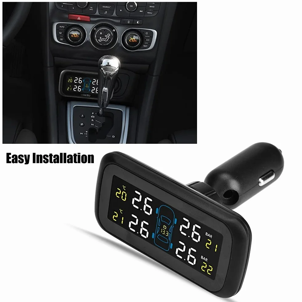 System monitorowania ciśnienia w oponach, samochodowy czujnik ciśnienia w oponach TPMS z monitorem LCD, 4 czujniki wewnętrzne, ładowarka USB do zapalniczki
