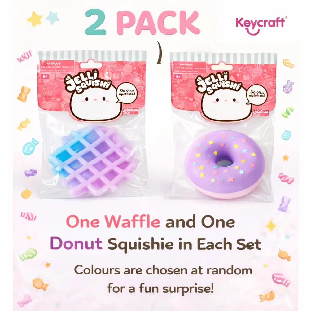Jelli Squishi zestaw 2 słodkich squishy (gofry i pączki) – sensoryczna zabawka antystresowa dla dzieci – miękki żel do zgniatania Squishy, styl Kawaii Mochi – różne kolory