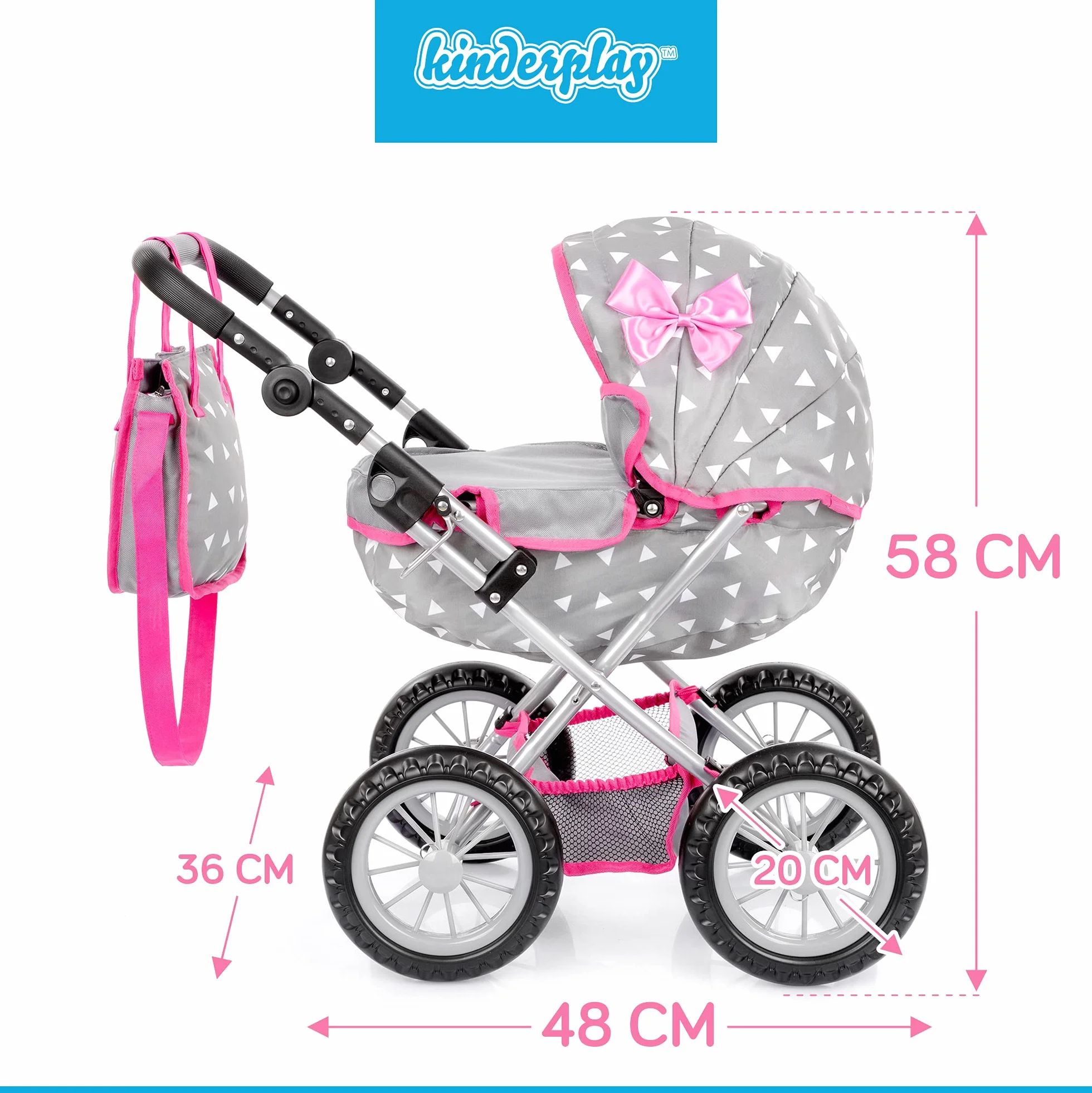 Kinderplay Wózek dla Lalek, Szary/Różowy, ‎48 x 36 x 59 cm; 2.39 kg
