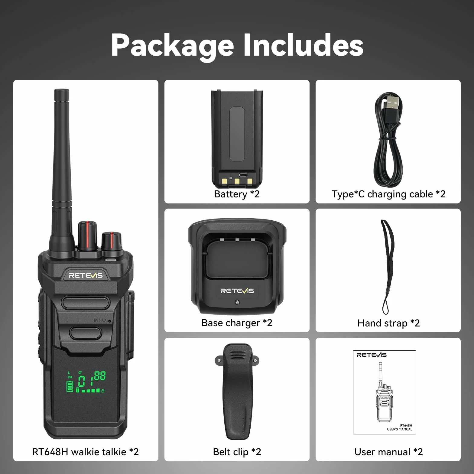 Retevis RT648H Walkie Talkies IP67, PMR446 bez Licencji, Wbudowany Wyświetlacz, USB-C, 1500 mAh, Alarm, Wieloletni Radio dla Logistyki, Magazyny (2 paczki)