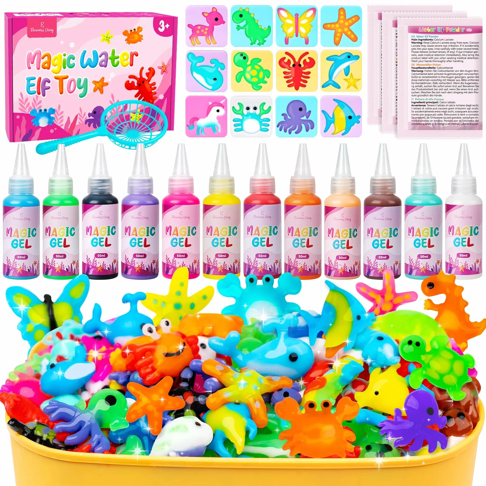 Magiczny Wodny Elf, Eleanore's Diary Kreatywny Zestaw 3D Magic Żel, Wodny Żelowy Zestaw Kreatywny, Magiczny Elf Wodny z 12 Butelkami Kolorowego Żelu i 10 Foremkami, Prezent dla Dzieci 3+