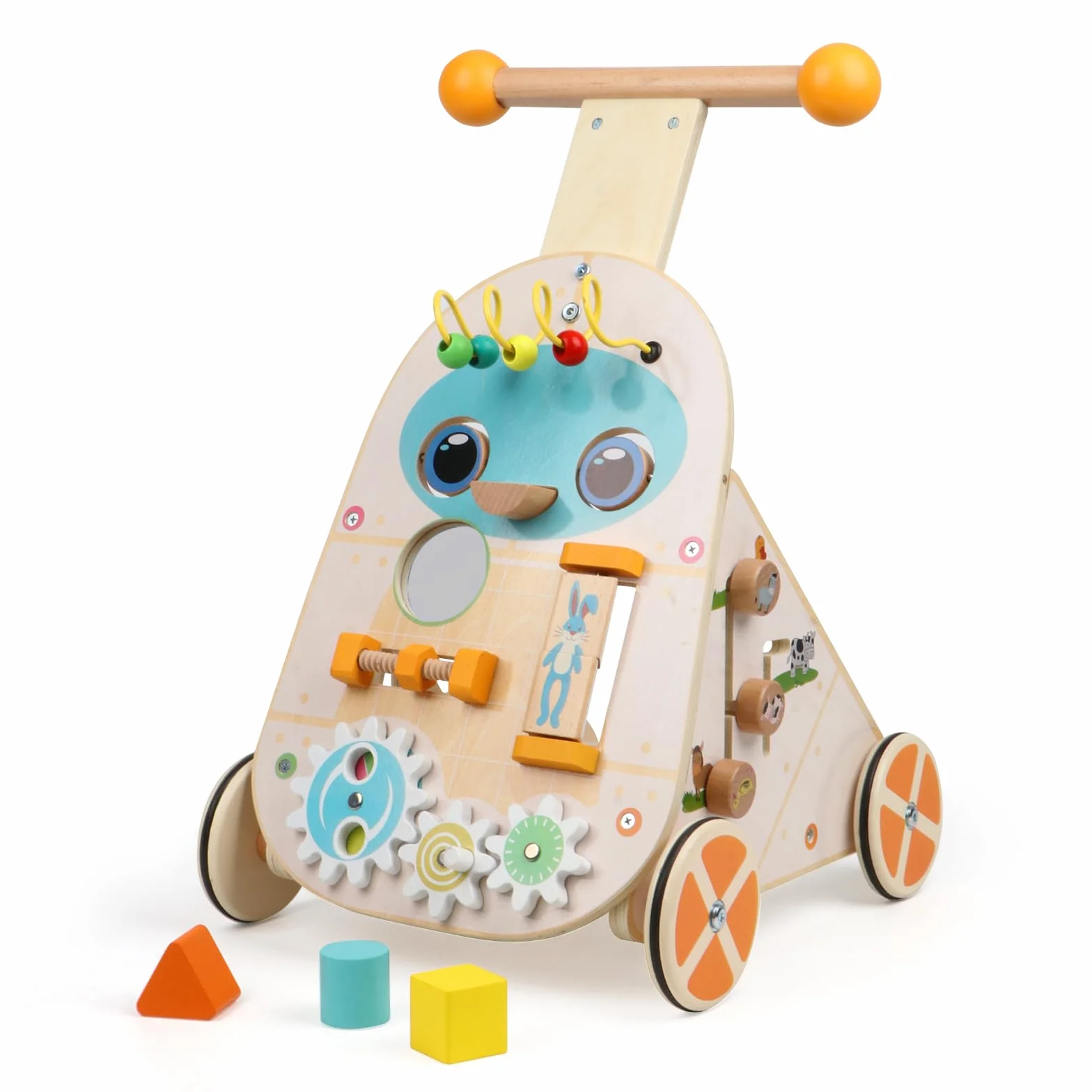 Jacootoys Drewniany chodzik z regulowaną prędkością dla maluchów, drewniany chodzik do nauki chodzenia i pchania dla chłopców, dziewczynek i dzieci w wieku 1, 2 i 3 lat