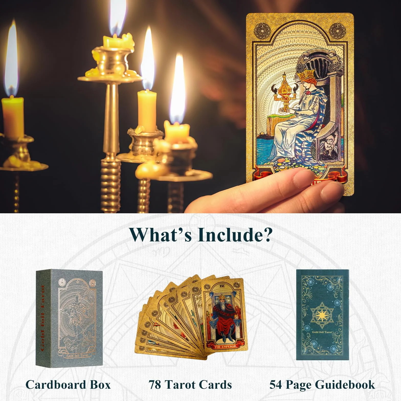 KIINO 78 kart tarota ze złotą folią, z przewodnikiem, talia tarota, dla początkujących i profesjonalnych graczy, z pudełkiem na tarot, PCW, trwałe, wodoodporne, odporne na zagniecenia