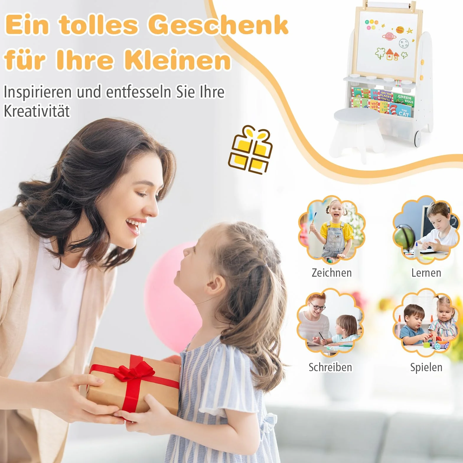 COSTWAY Sztaluga dziecięca z taboretem, tablica dziecięca 4 w 1, tablica magnetyczna, tablica szkolna, regał na książki, tablica stojąca w zestawie rolka papieru i akcesoria, sztaluga dla dzieci od 3