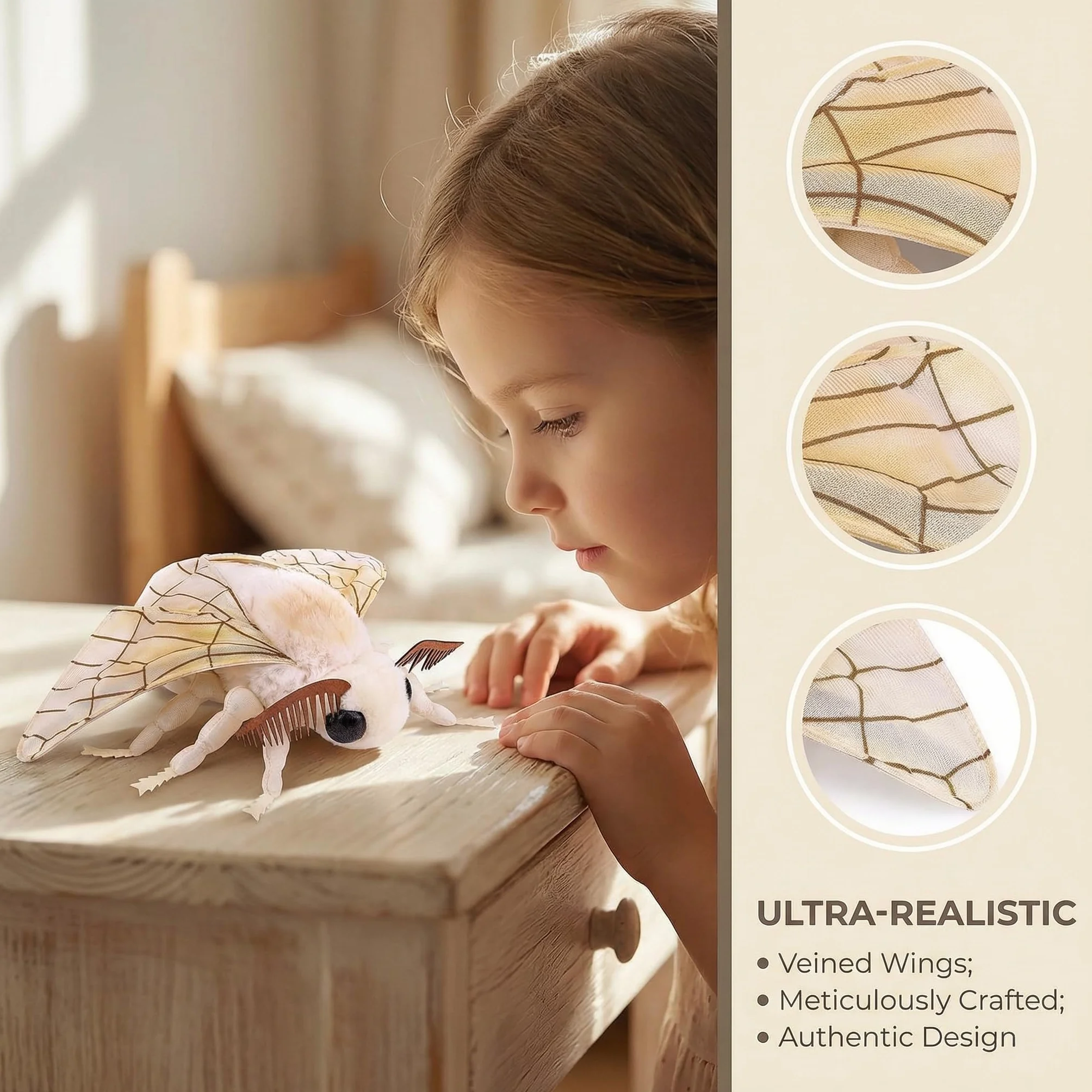 lilizzhoumax Moty-pluszowa zabawka 38 cm, symulowana mama jedwabna mata, pluszowa zabawka, realistyczna zabawka dla dzikich zwierząt, prezent dla przyjaciół i dzieci