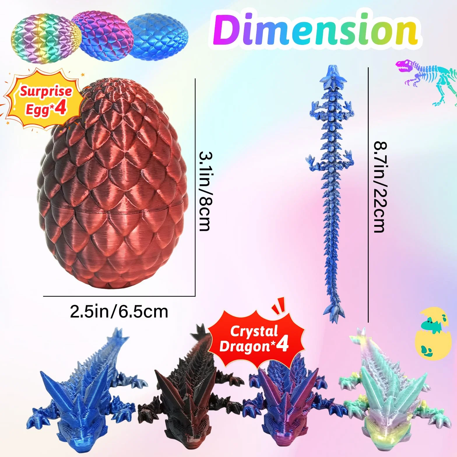 3D Drukowane Smoki w Jaju, 4-pakt 3D Drukowane Jajo Smoka z Smokiem Wewnątrz Styczna Figurka Smoka z Kryształu, Wypełniacze na Wiosenny Kosz, 3D Drukowana Zabawka do Rozgryzania na Boże Narodzenie