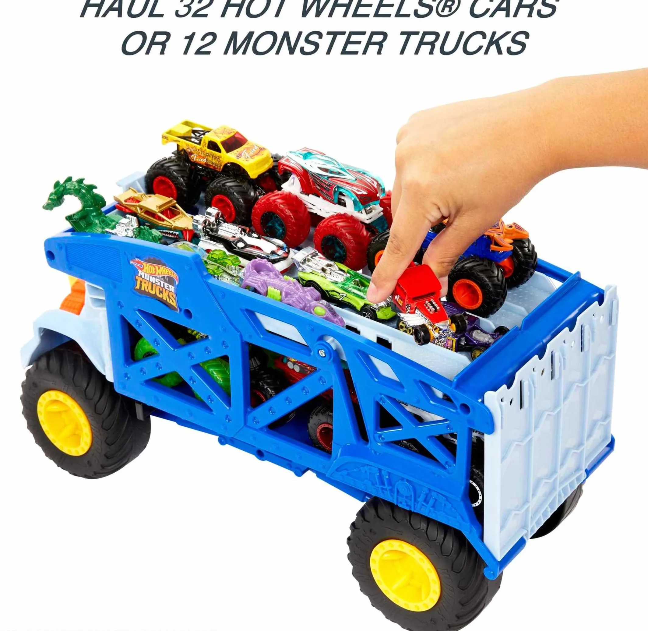 Hot Wheels Monster Trucks Toy Hauler, Oversized Truck Carries & Stores 12 1:64 Scale Monster Trucks or 32 Cars, Monster Mover Rhino, HFB13