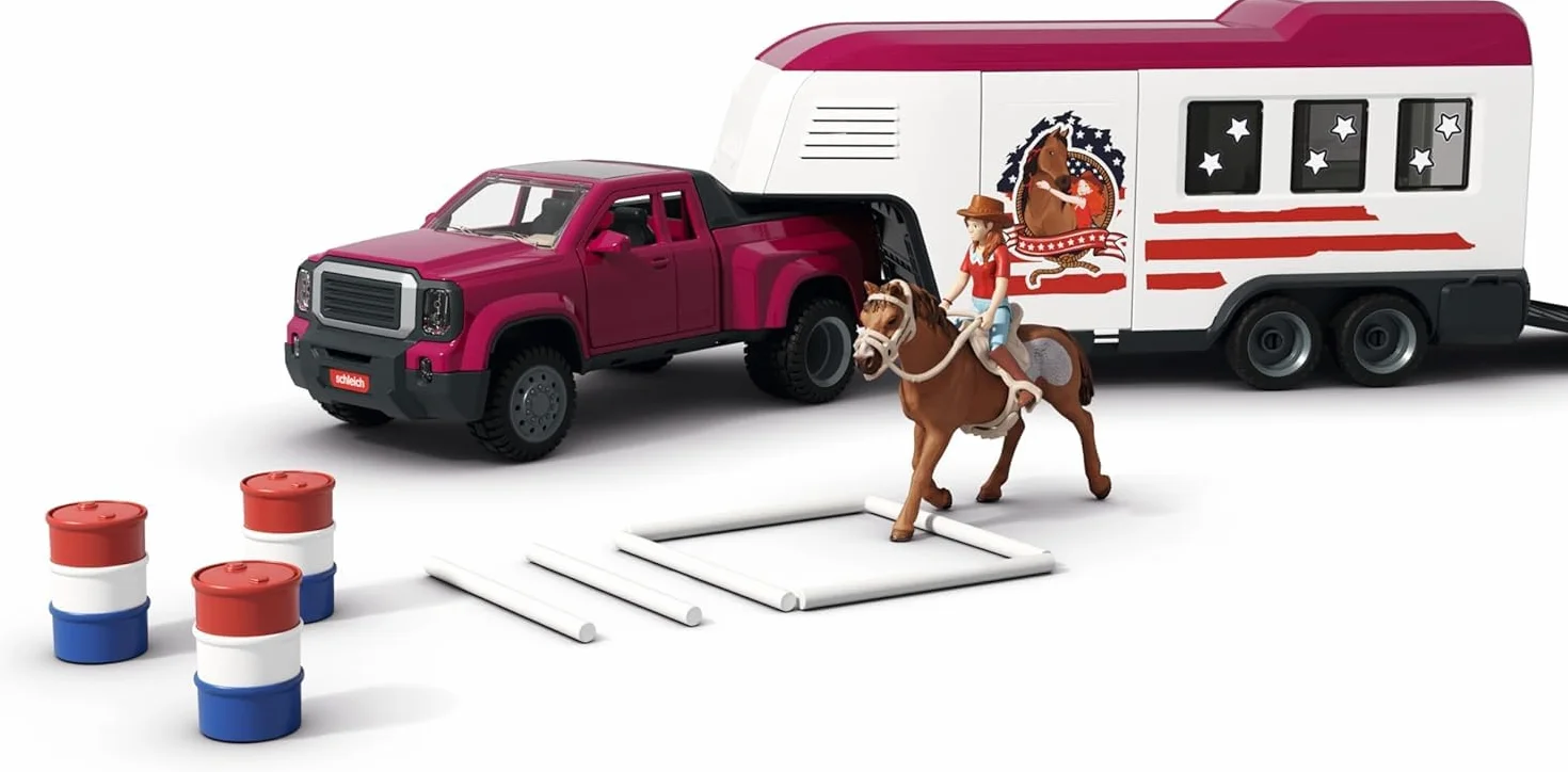 schleich HORSE CLUB | Ciężarówka Lakeside z przyczepą 42705 | Zestaw z ciężarówką, przyczepą dla koni, boksami, Hannah, 2 końmi, psem i akcesoriami | Zabawka dla dzieci od 5 lat | 119-częściowy zestaw