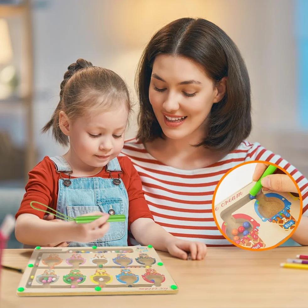 Ainiv Magnetyczny Labirynt Z Kolorami I Liczbami Dla Dzieci, Magnetyczna Plansza Do Gry, Drewniane Zabawki Montessori, Zabawki Edukacyjne Dla Chłopców I Dziewczynek W Wieku 3, 4, 5, 6 I 7 Lat (Lody)