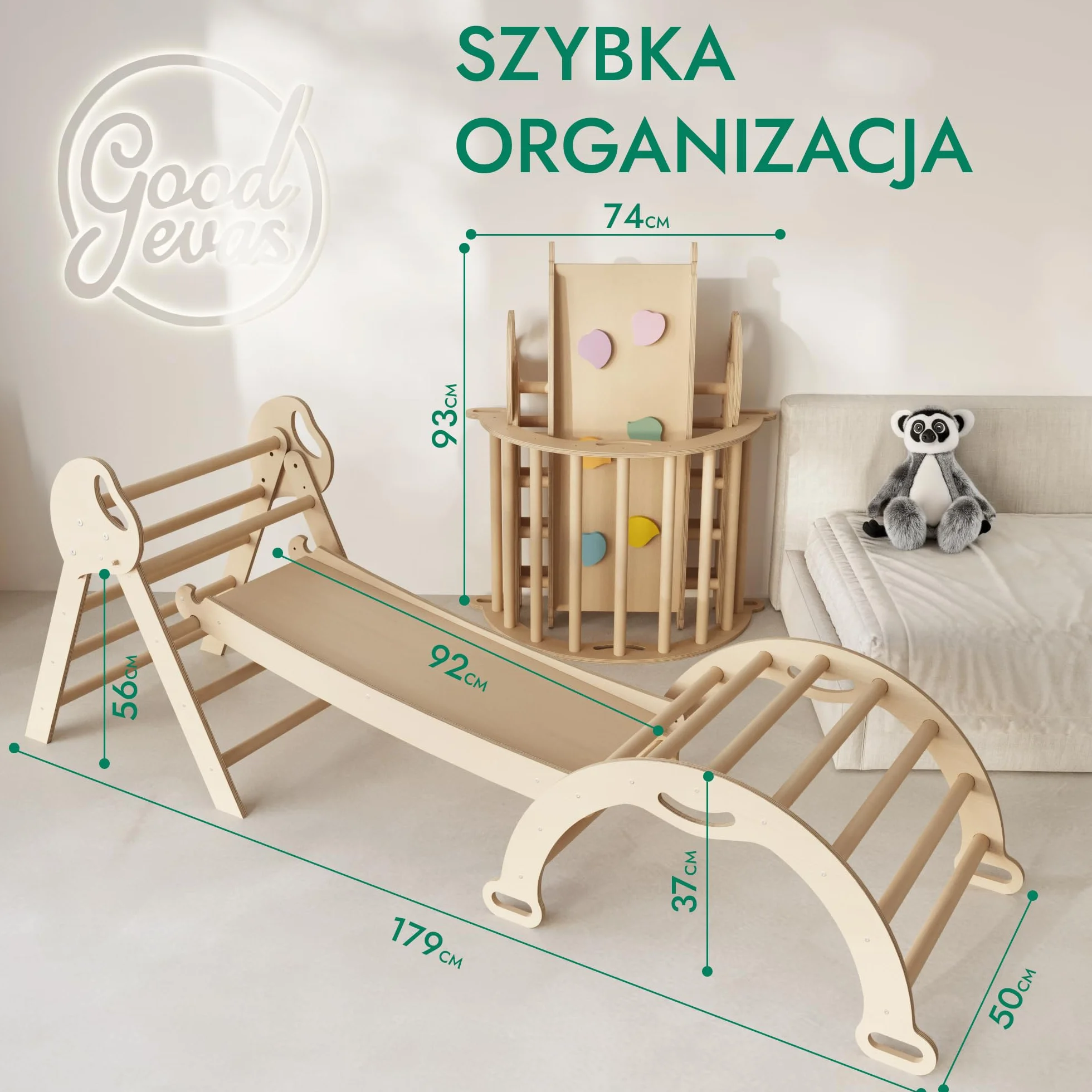 Goodevas Montessori Drewniana rama wspinaczkowa ze zjeżdżalnią – składana trójkątna siłownia do zabawy dla małych dzieci, bezpieczna zabawka dla dzieci w wieku 1-3 lat
