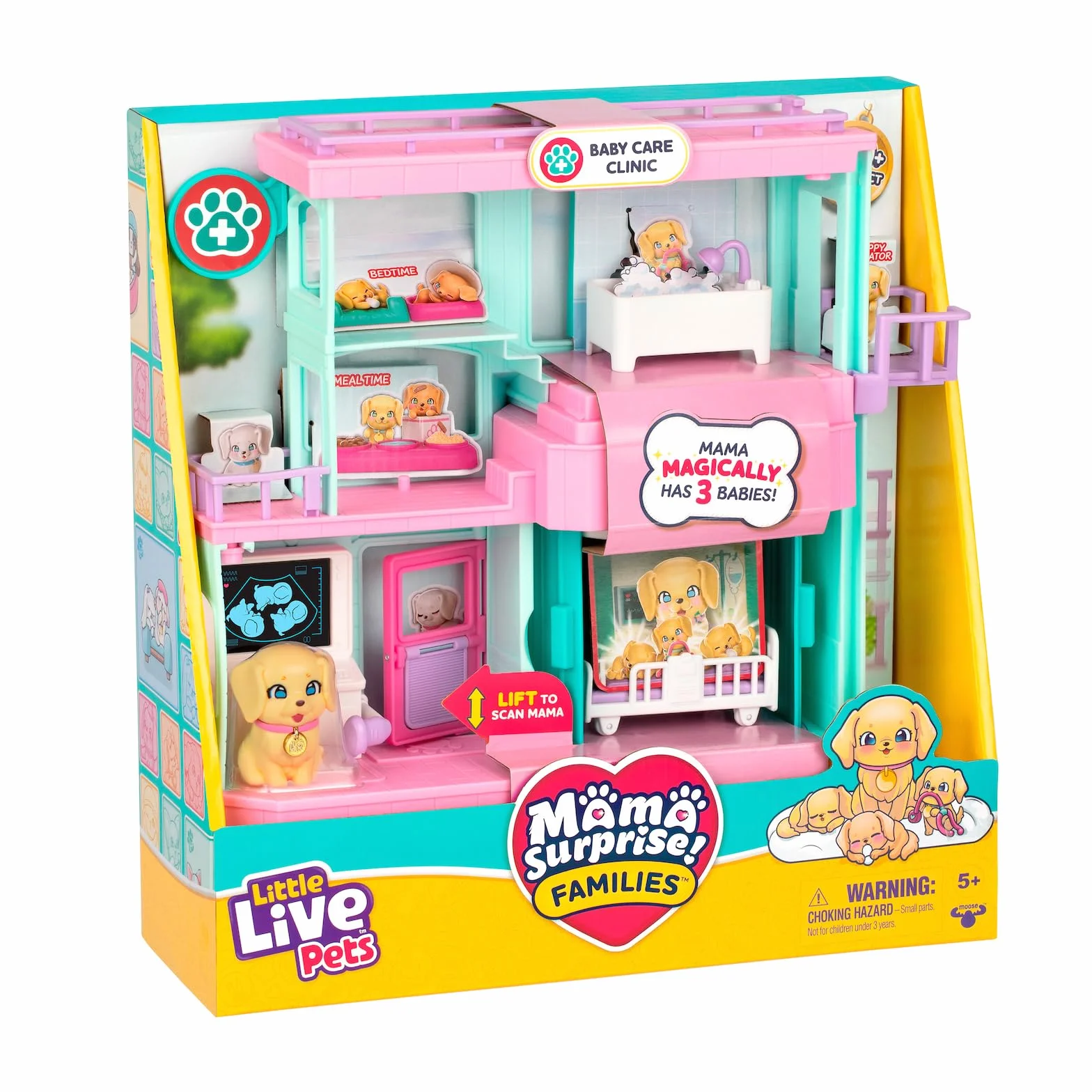 Little Live Pets Mama Surprise Families zestaw do zabawy dla niemowląt, 3 szczenięta retrievera, magiczny, dwustronny zestaw do zabawy (szerokość 27,8 cm, wysokość 23,8 cm) do karmienia, kąpieli i