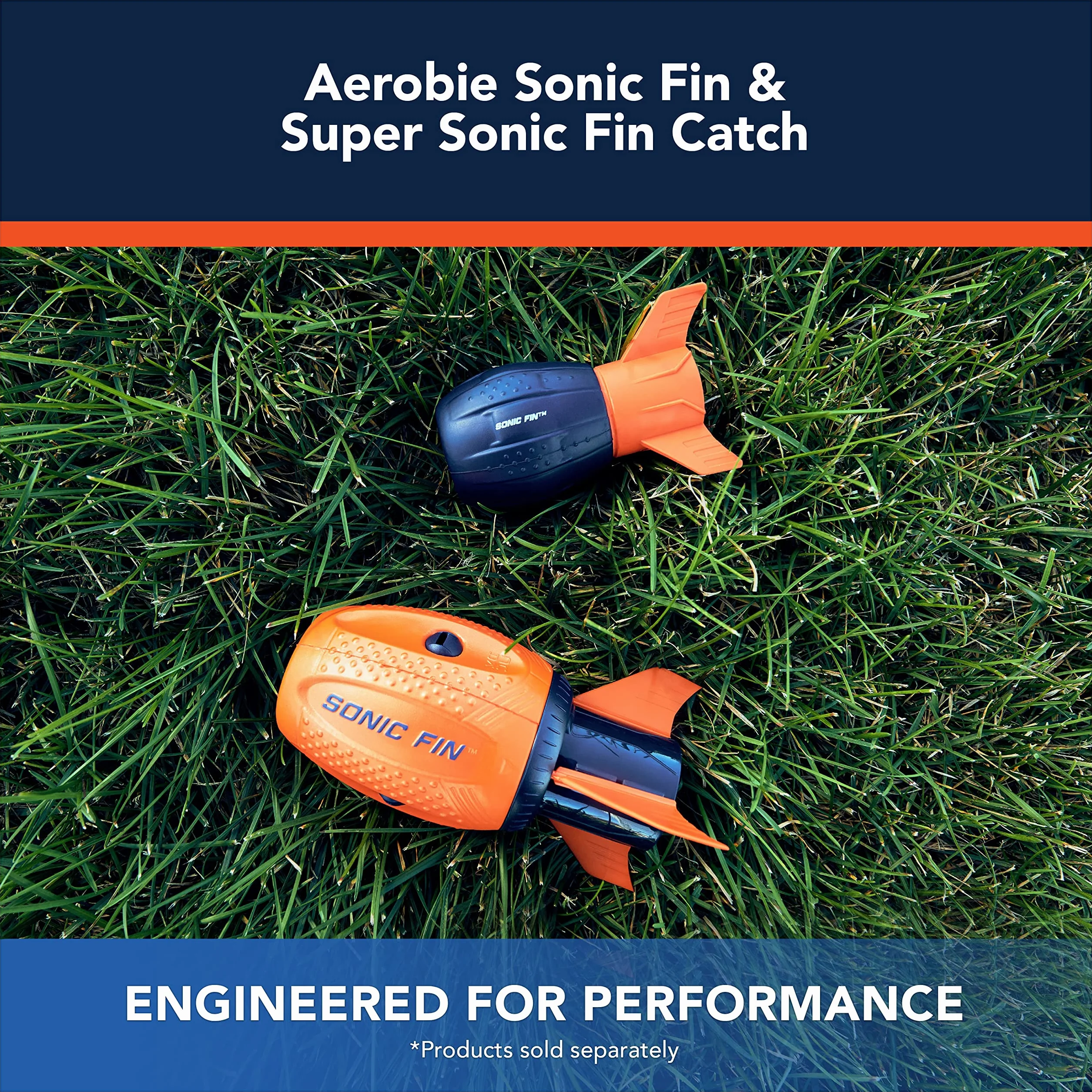 Aerobie Super Sonic Fin Catch Football, zabawka outdoorowa z miękkiego materiału, dla dzieci i dorosłych od 8 lat, niebieska/pomarańczowa