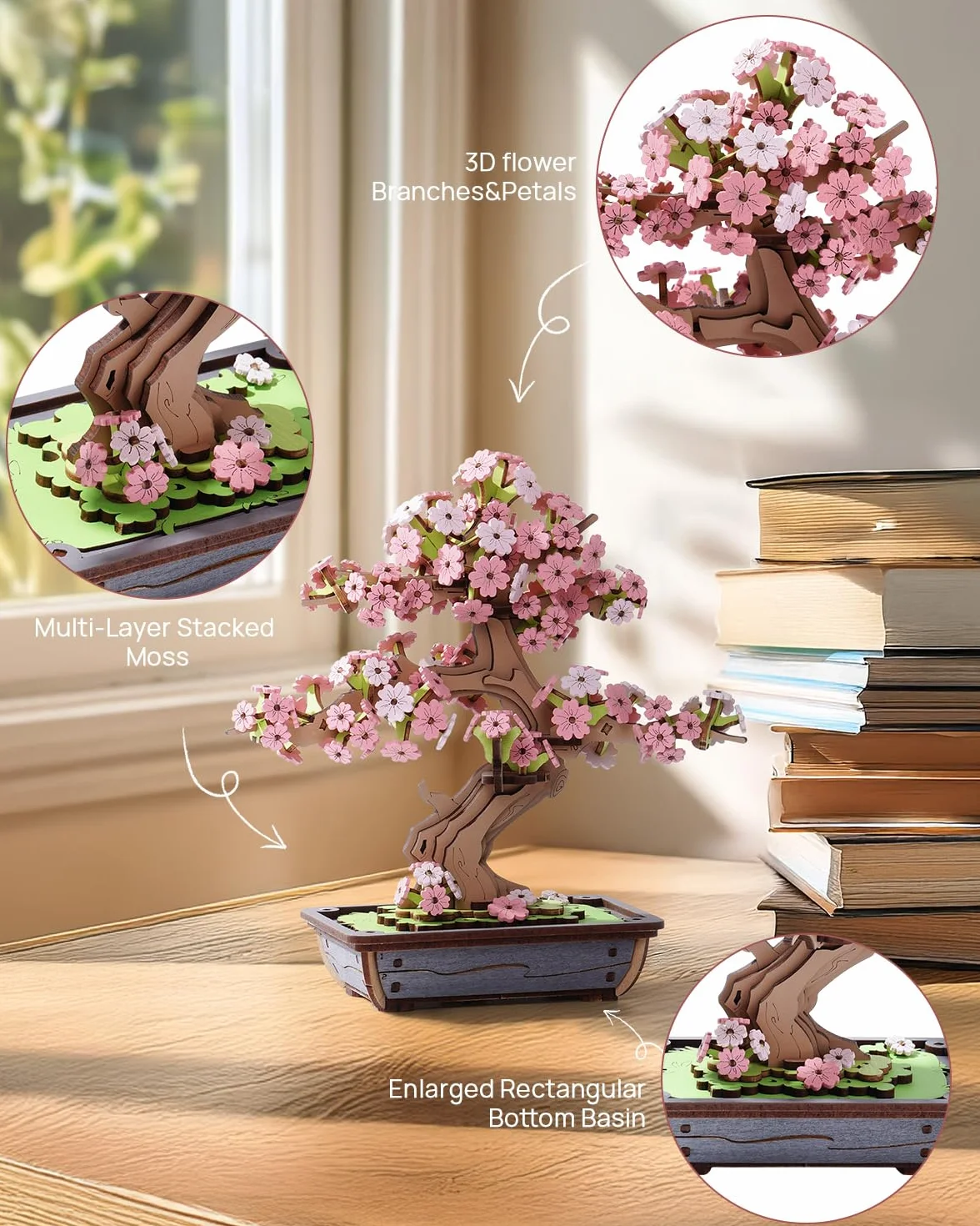 Rolife Puzzle 3D, sakura i wiecznie zielona sosna, bonsai, drewniane puzzle, zestawy modelarskie dla dorosłych do budowania, dekoracja domu, kreatywny prezent dla dorosłych i dzieci (Sakura Bonsai)