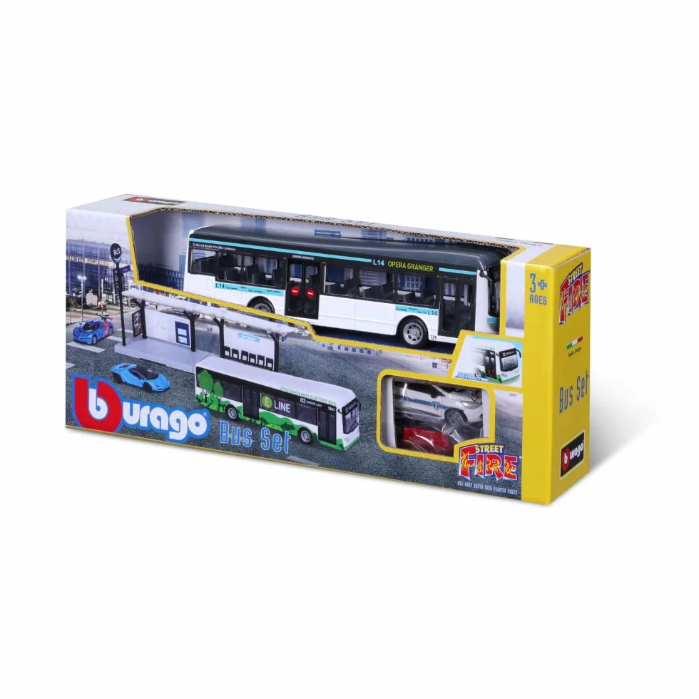 BBURAGO 1/64 PUBLICZNY TRANSPORT - Playset City Bus + Stacja + 2 pojazdy -, Niebieski lub Zielony
