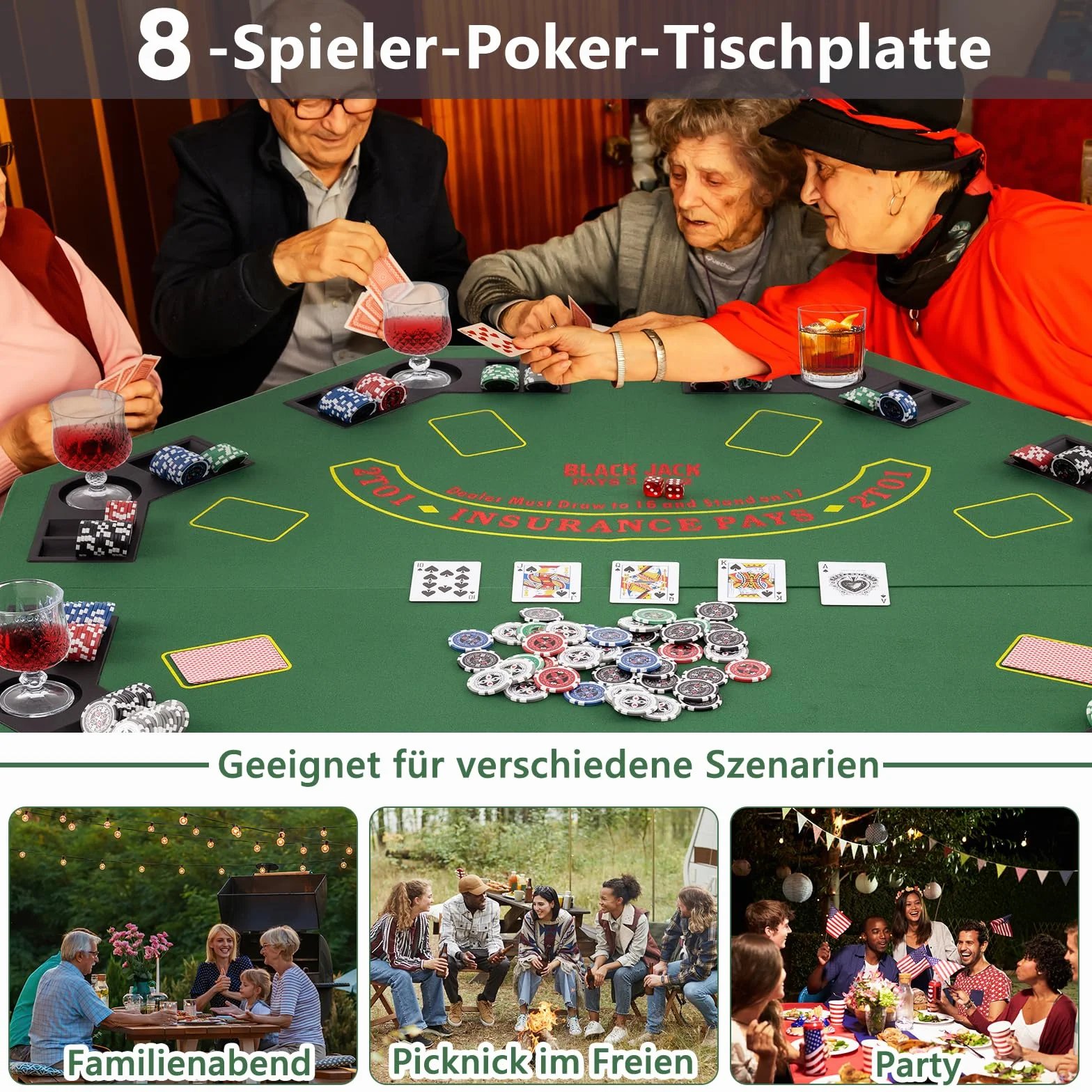 GOPLUS Składana mata do pokera, nakładka na stół pokerowy dla maksymalnie 8 graczy, obrus z torbą do przenoszenia i uchwytem na napoje, ośmiokątna podkładka na stół pokera, na imprezy, 120 x 120 cm
