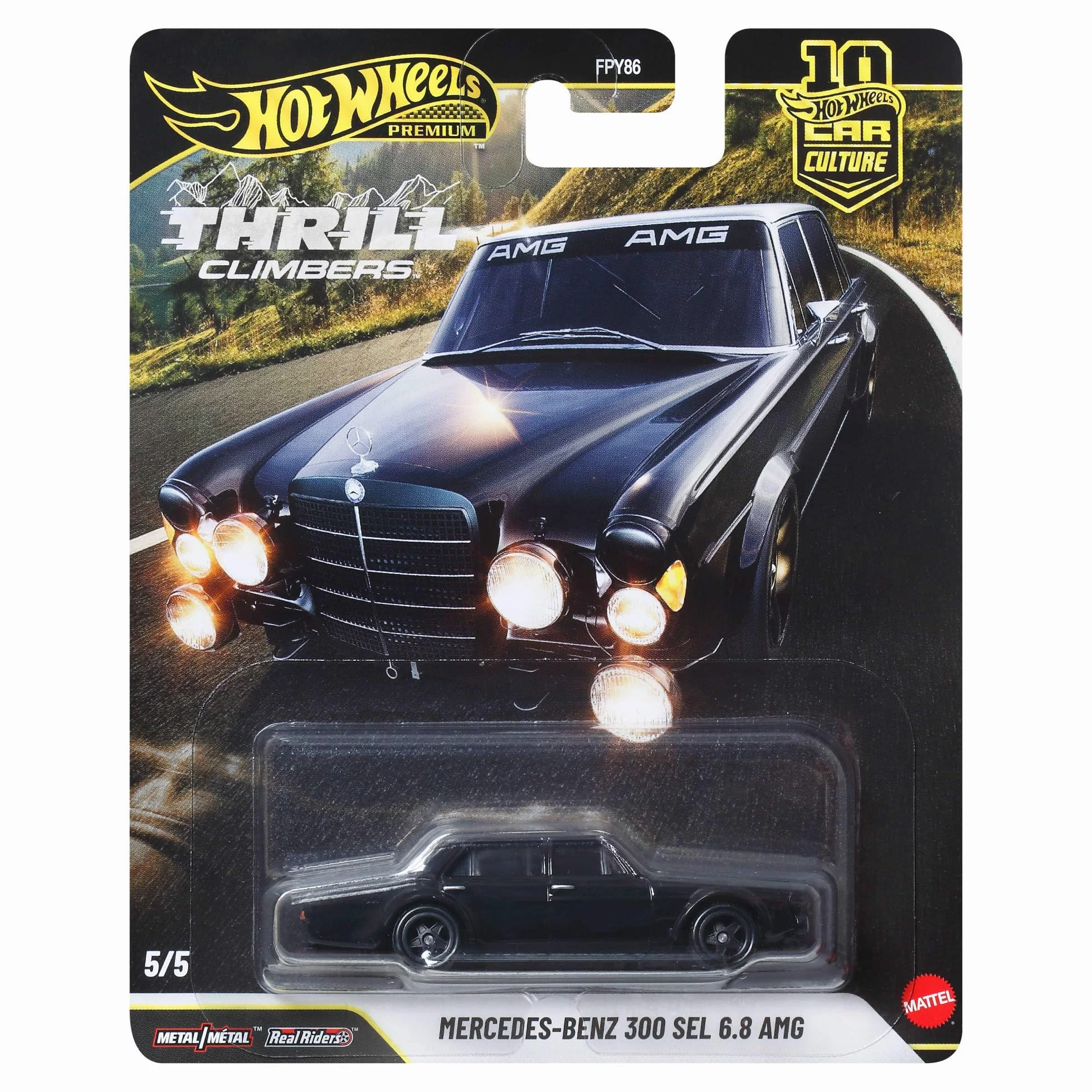 Hot Wheels Premium Car Culture Kultowe auta Samochodzik Mercedes-Benz 300 SEL 6.8 AMG, metalowe auto w skali 1:64, opony Real Riders, samochód zabawka dla dzieci 3+ i kolekcjonerów, JKF20
