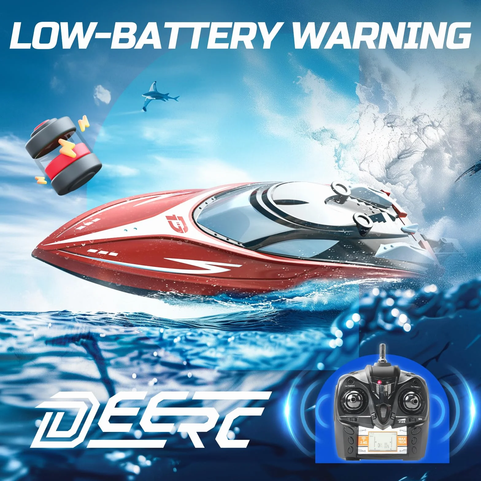 DEERC H120 zdalnie sterowana łódź do basenu i jeziora, 2,4 GHz, 20 MPH, dla dzieci i dorosłych, z 2 akumulatorami do ponownego ładowania, ostrzeżenie o niskim poziomie baterii, powrót do wywrócenia