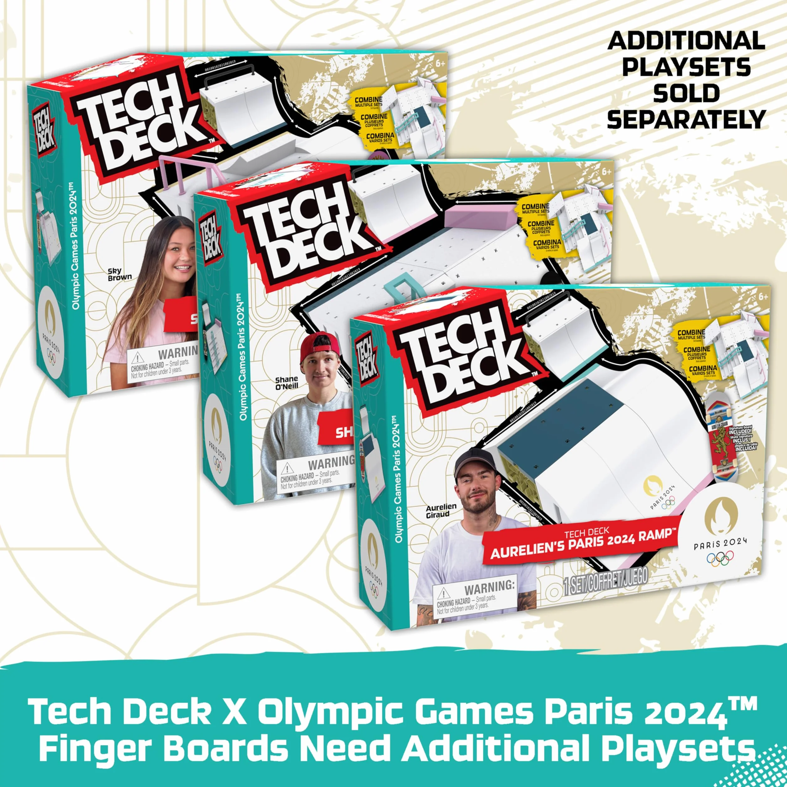 Tech Deck Competition Legends zestaw 8 sztuk, 8 autentycznych naparstków olimpijskich sportowców w Paryżu 2024, 8 indywidualnych uchwytów na deskorolkę, 8 kart dla sportowców, od 6 lat