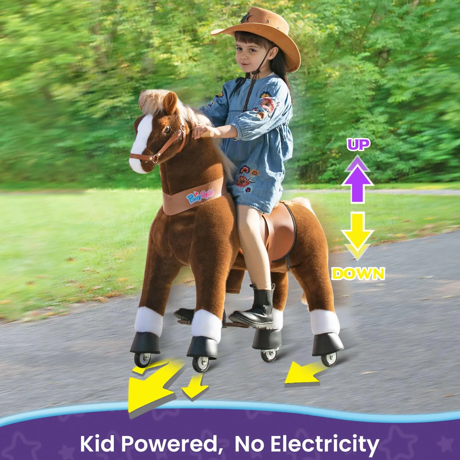 PonyCycle Klasyczny Model U Koń jeździecki na kółkach, pluszowy kucyk jeździecki, zwierzak na biegunach (z hamulcem i dźwiękiem/108 cm wysokości/Rozmiar 5 dla wieku 7+ lat), Brązowy Koń Ux524